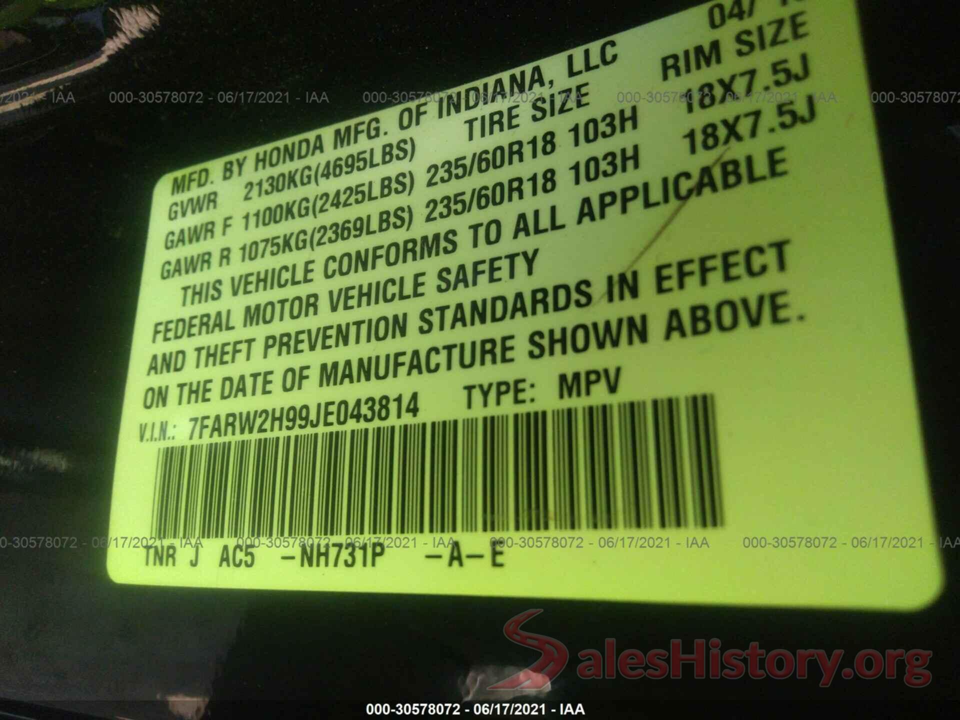 7FARW2H99JE043814 2018 HONDA CR-V