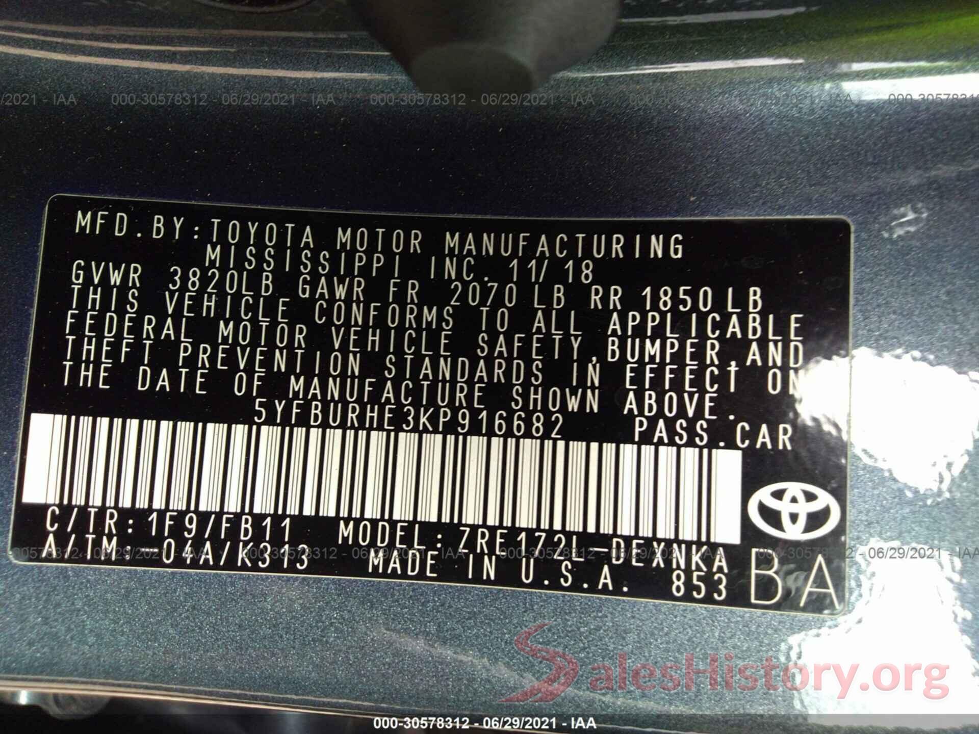 5YFBURHE3KP916682 2019 TOYOTA COROLLA