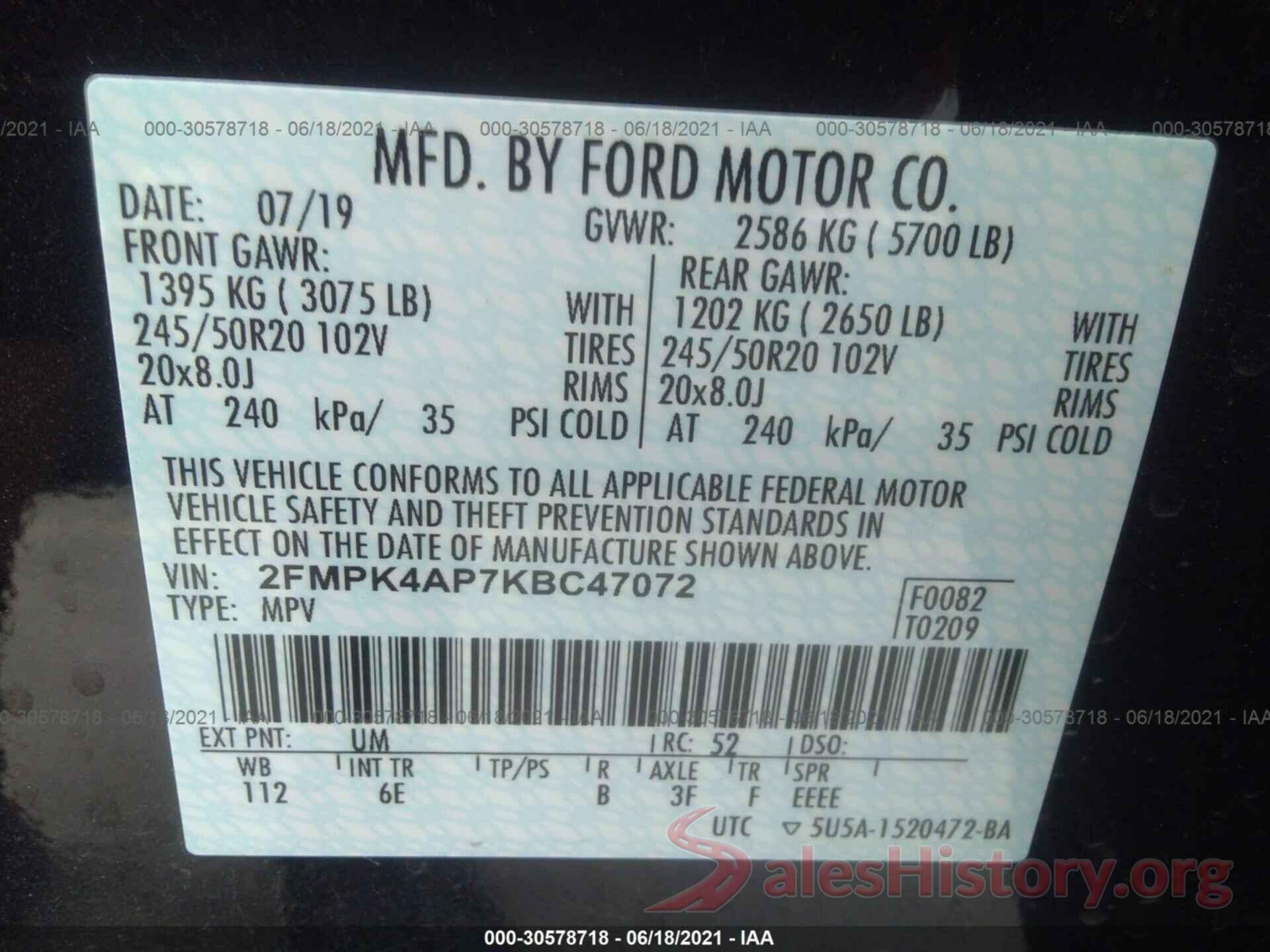 2FMPK4AP7KBC47072 2019 FORD EDGE