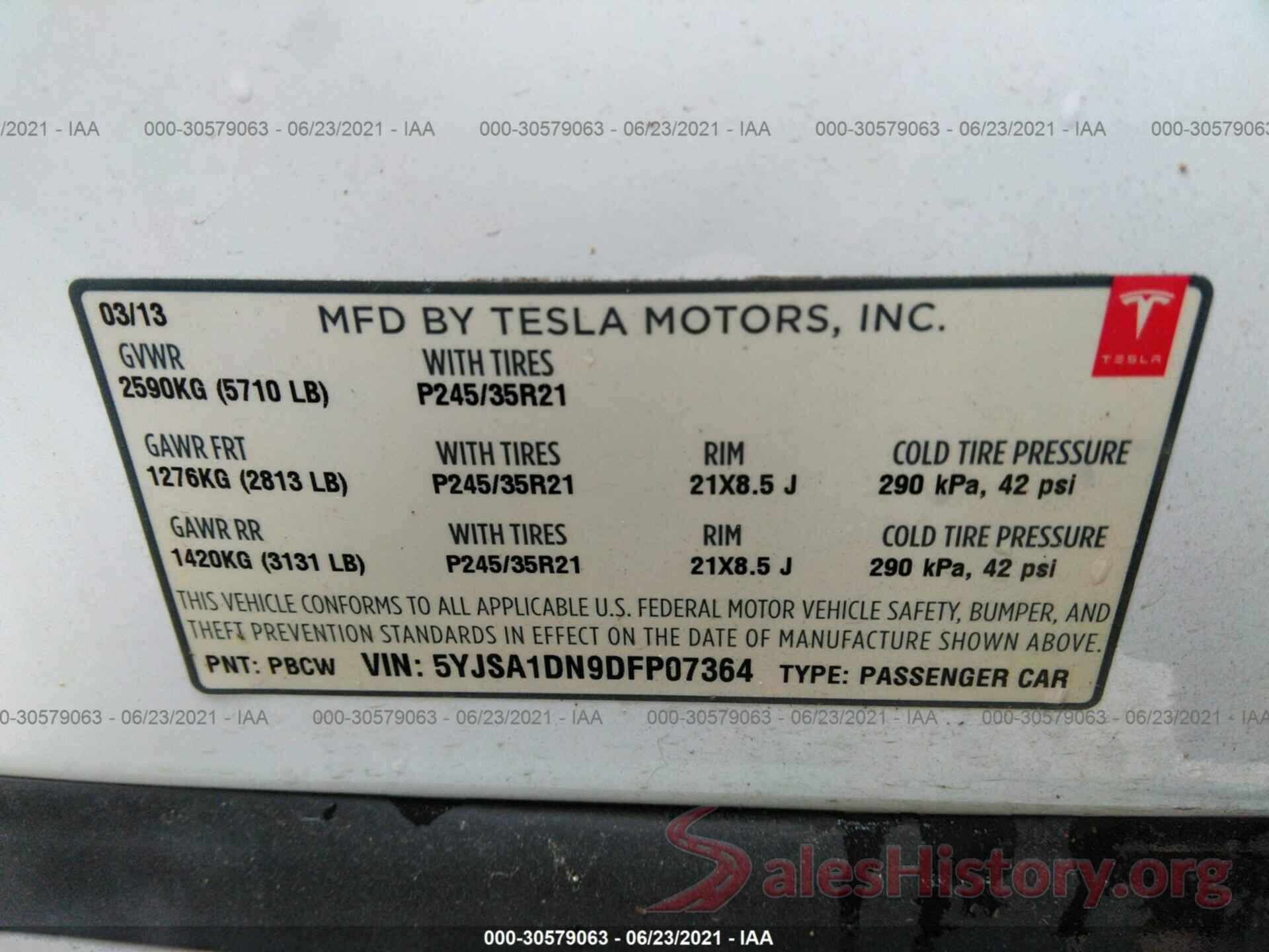 5YJSA1DN9DFP07364 2013 TESLA MODEL S