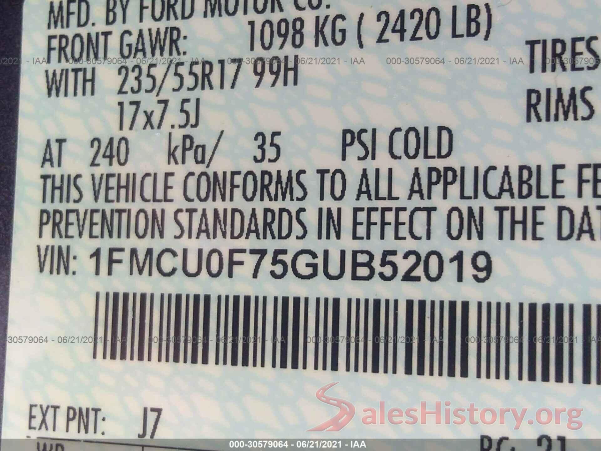 1FMCU0F75GUB52019 2016 FORD ESCAPE