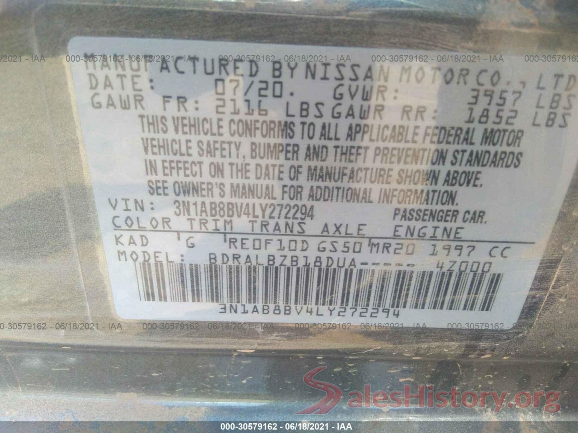 3N1AB8BV4LY272294 2020 NISSAN SENTRA