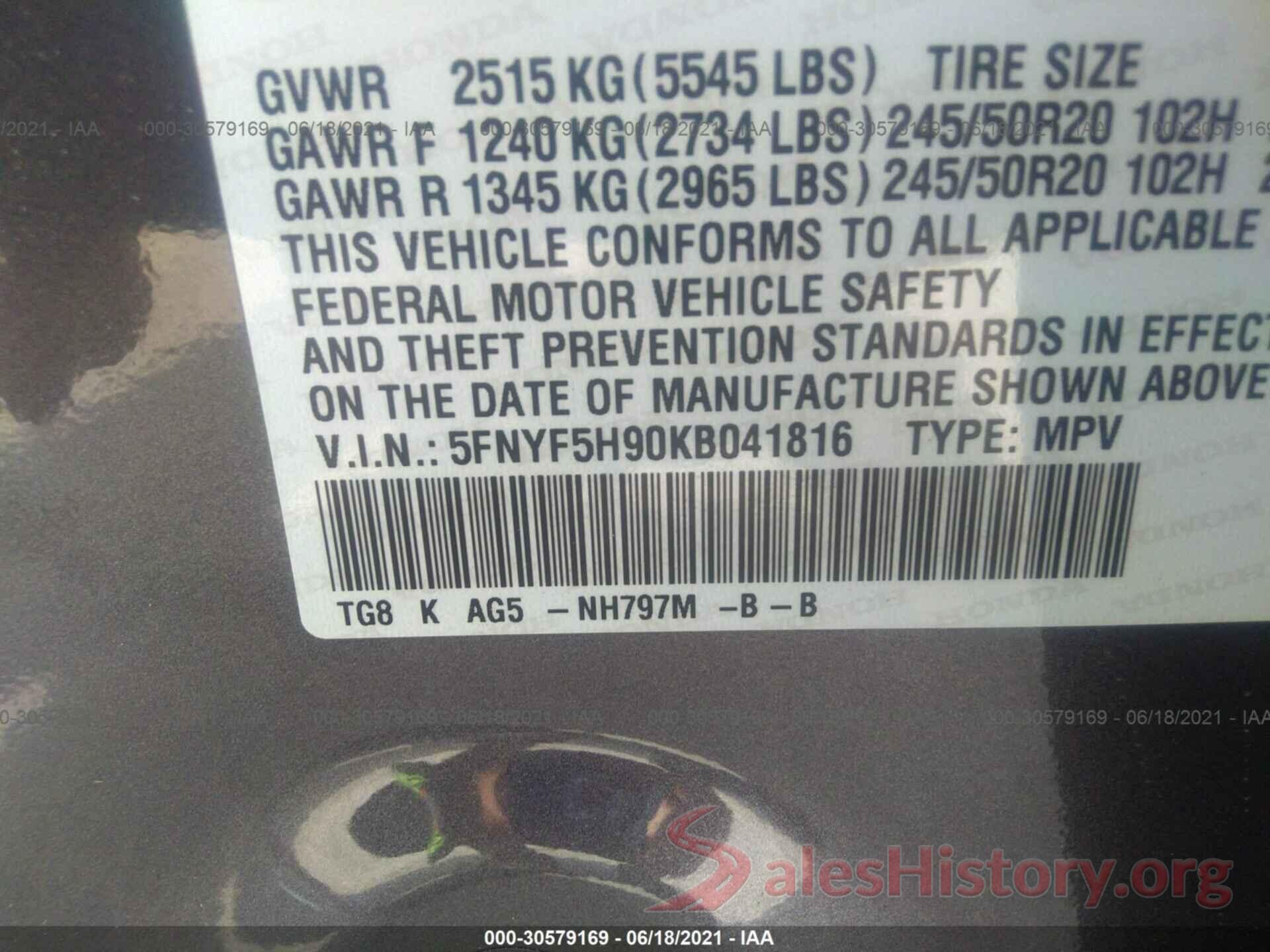 5FNYF5H90KB041816 2019 HONDA PILOT