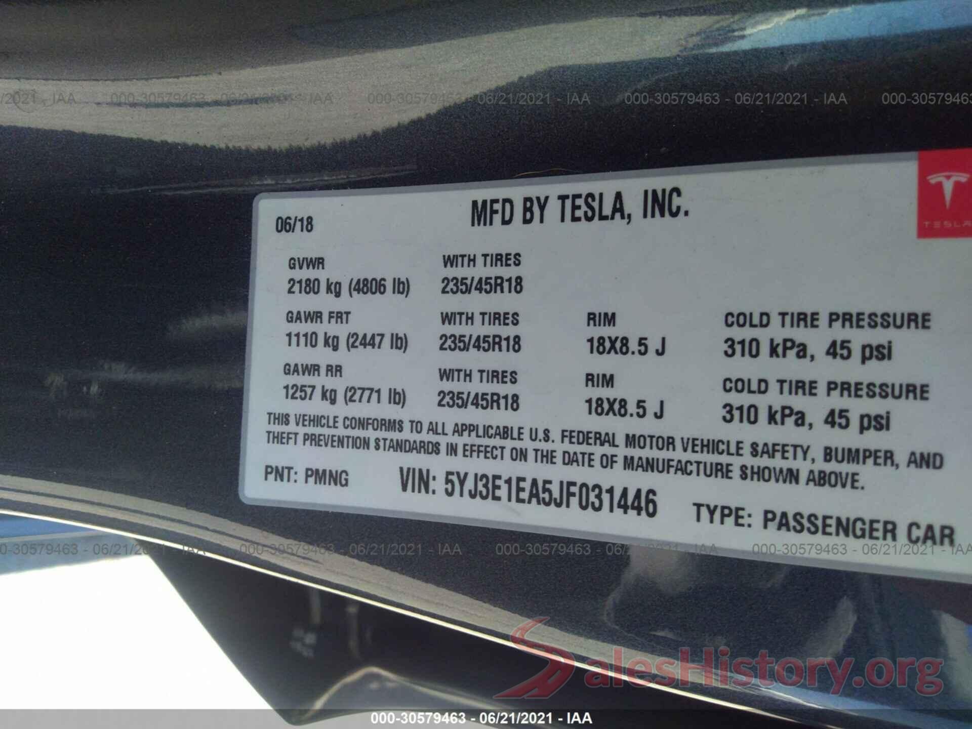 5YJ3E1EA5JF031446 2018 TESLA MODEL 3