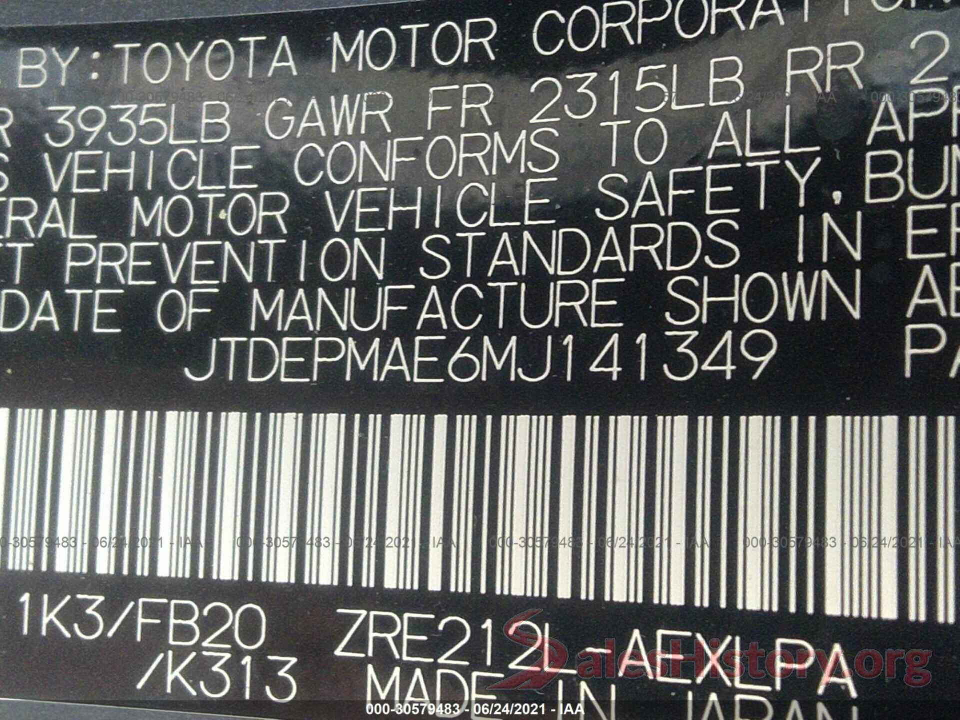 JTDEPMAE6MJ141349 2021 TOYOTA COROLLA