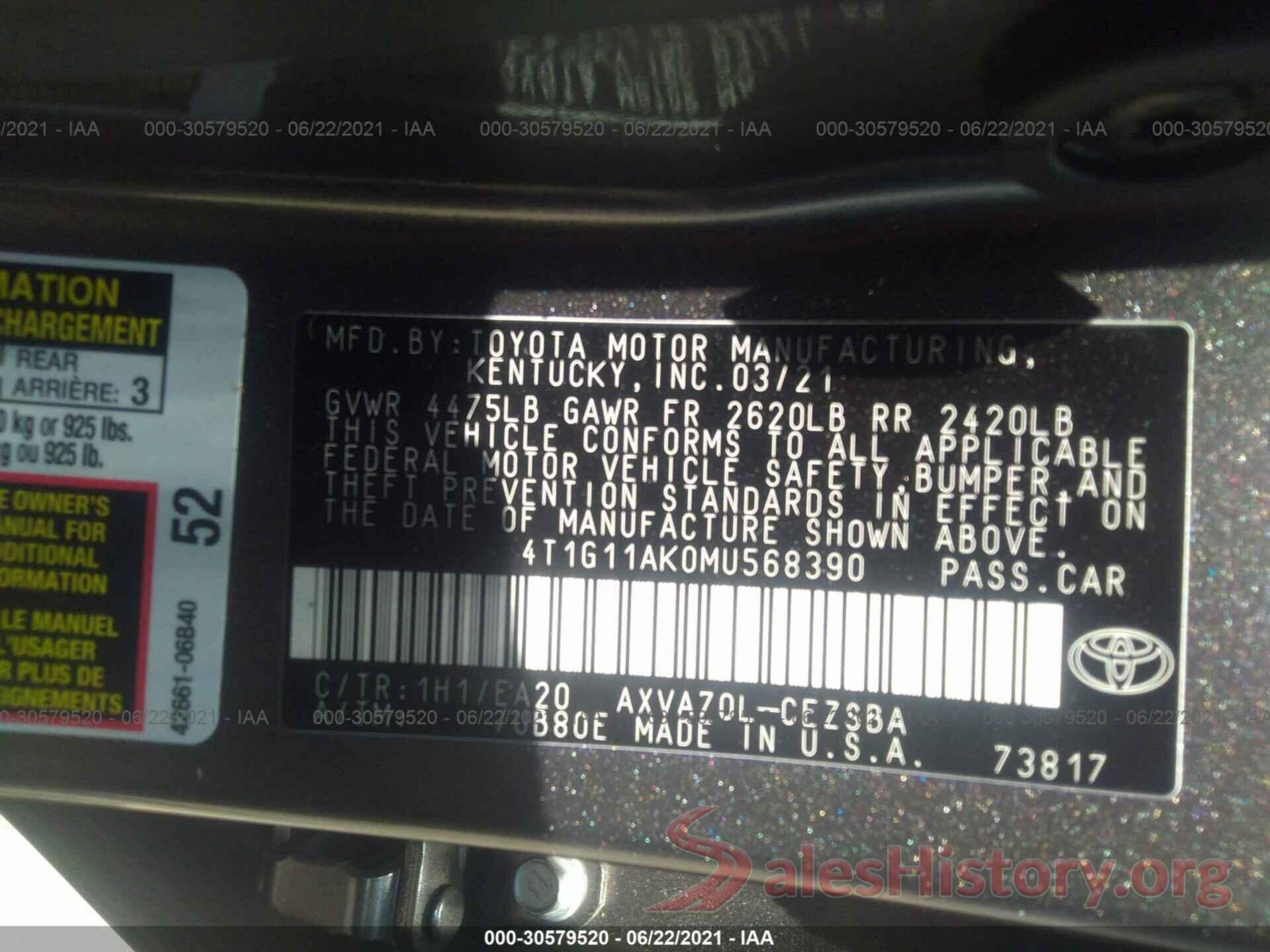 4T1G11AK0MU568390 2021 TOYOTA CAMRY