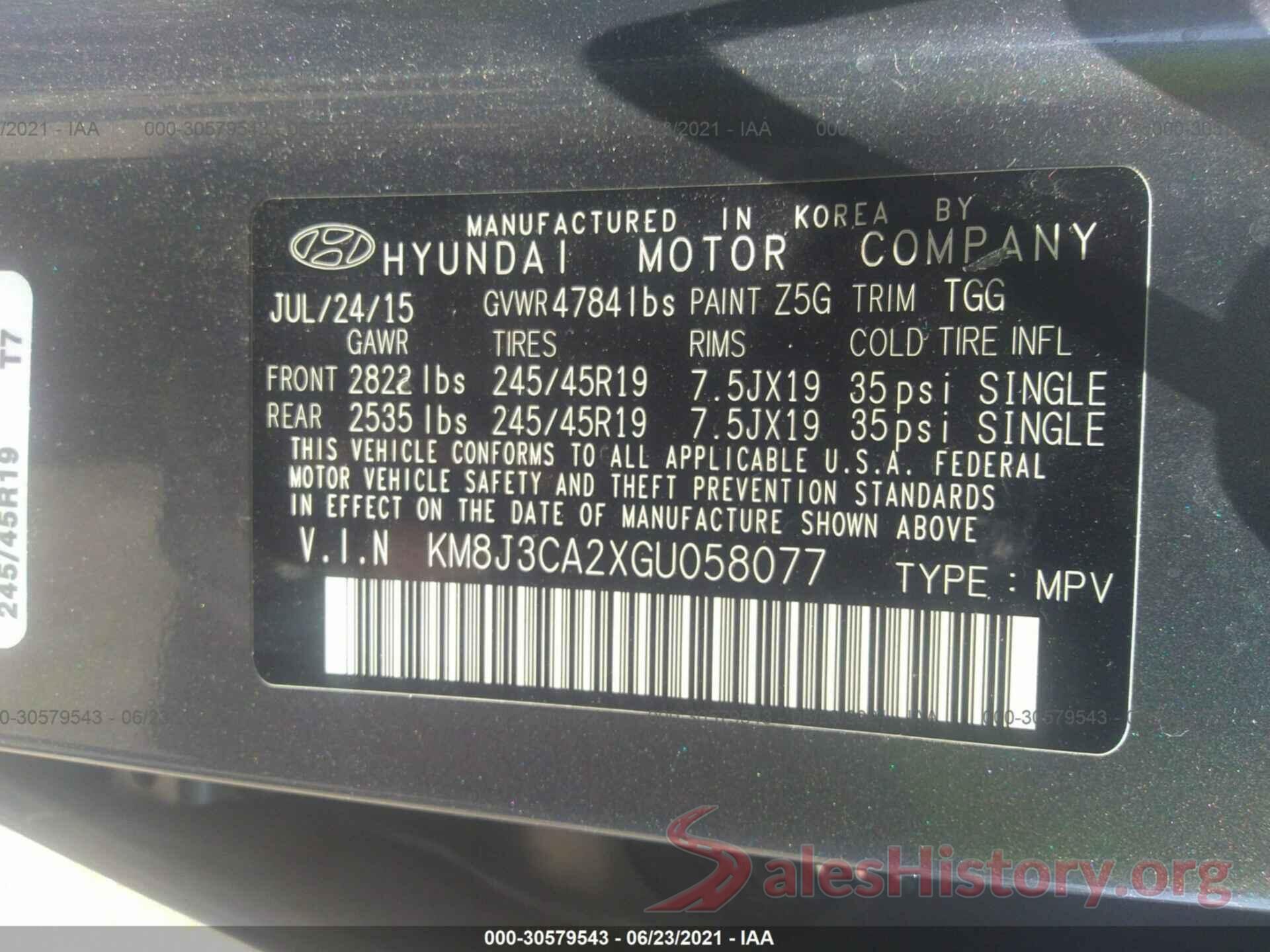 KM8J3CA2XGU058077 2016 HYUNDAI TUCSON