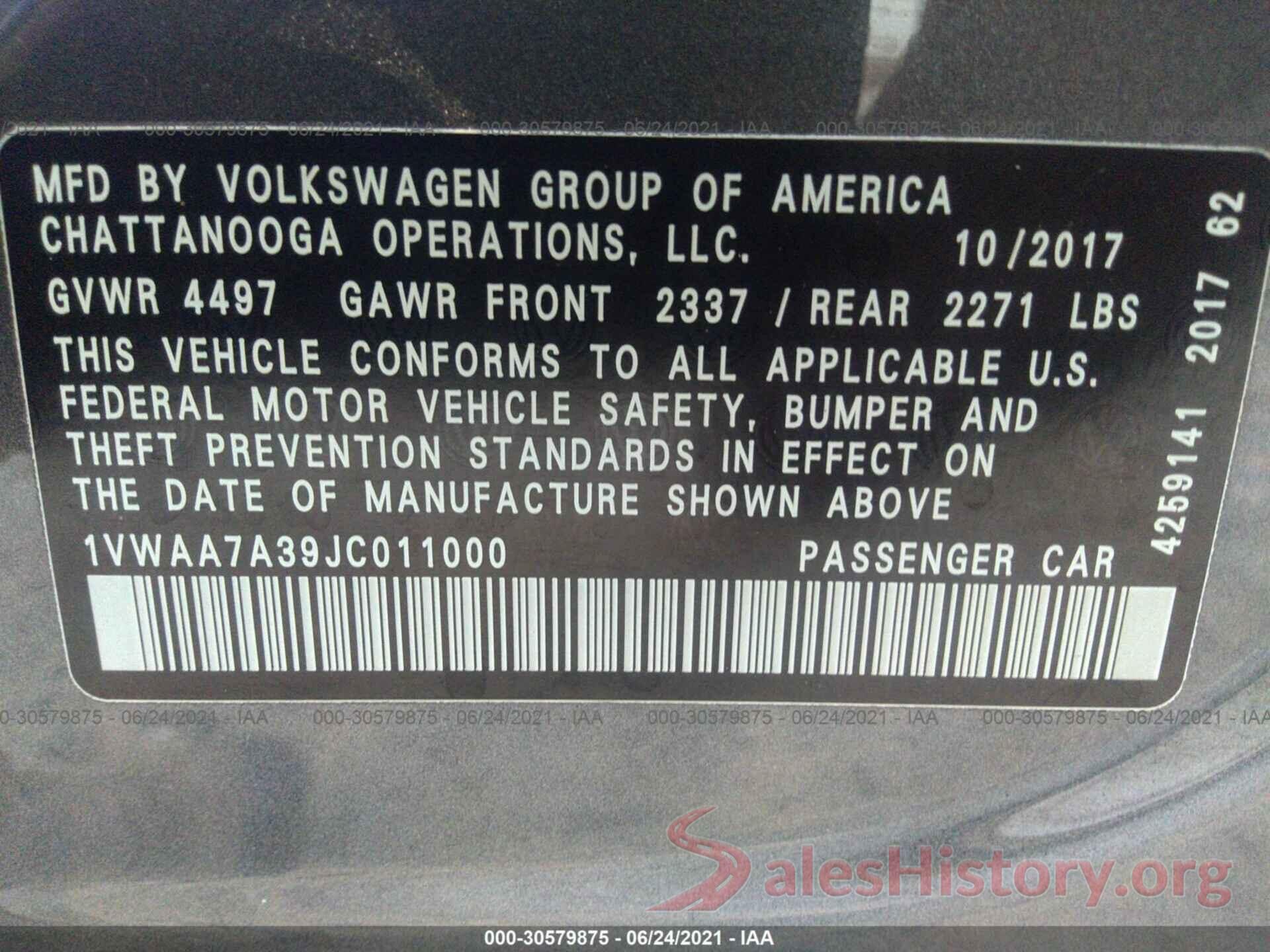 1VWAA7A39JC011000 2018 VOLKSWAGEN PASSAT