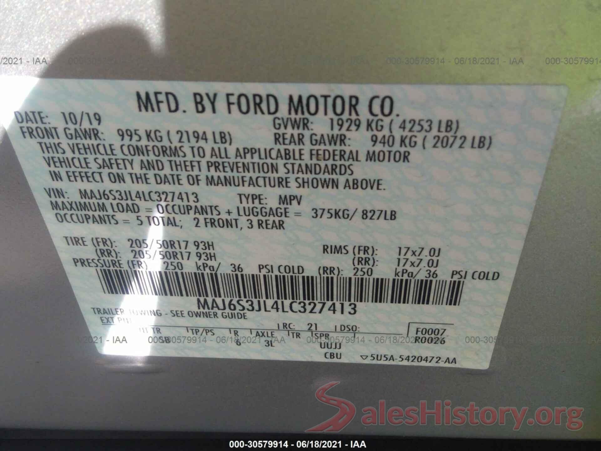 MAJ6S3JL4LC327413 2020 FORD ECOSPORT