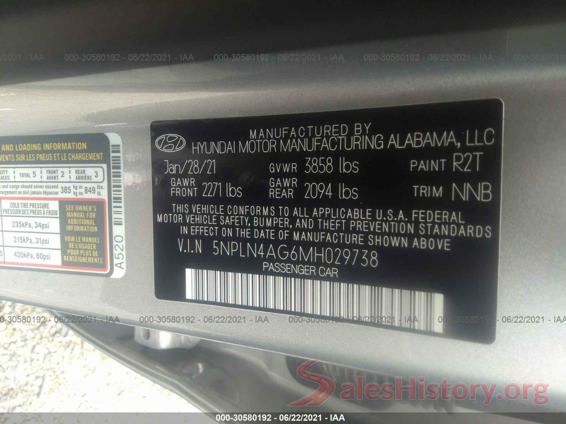 5NPLN4AG6MH029738 2021 HYUNDAI ELANTRA