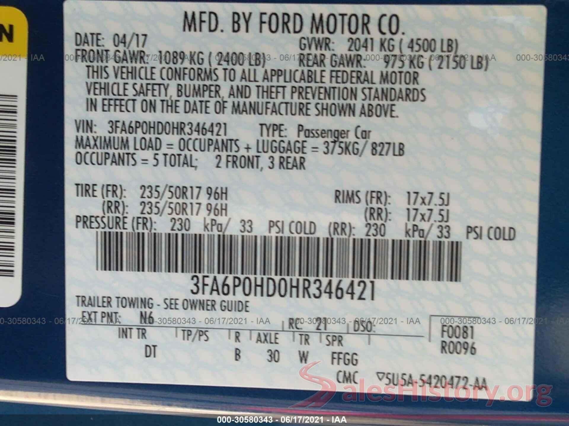 3FA6P0HD0HR346421 2017 FORD FUSION