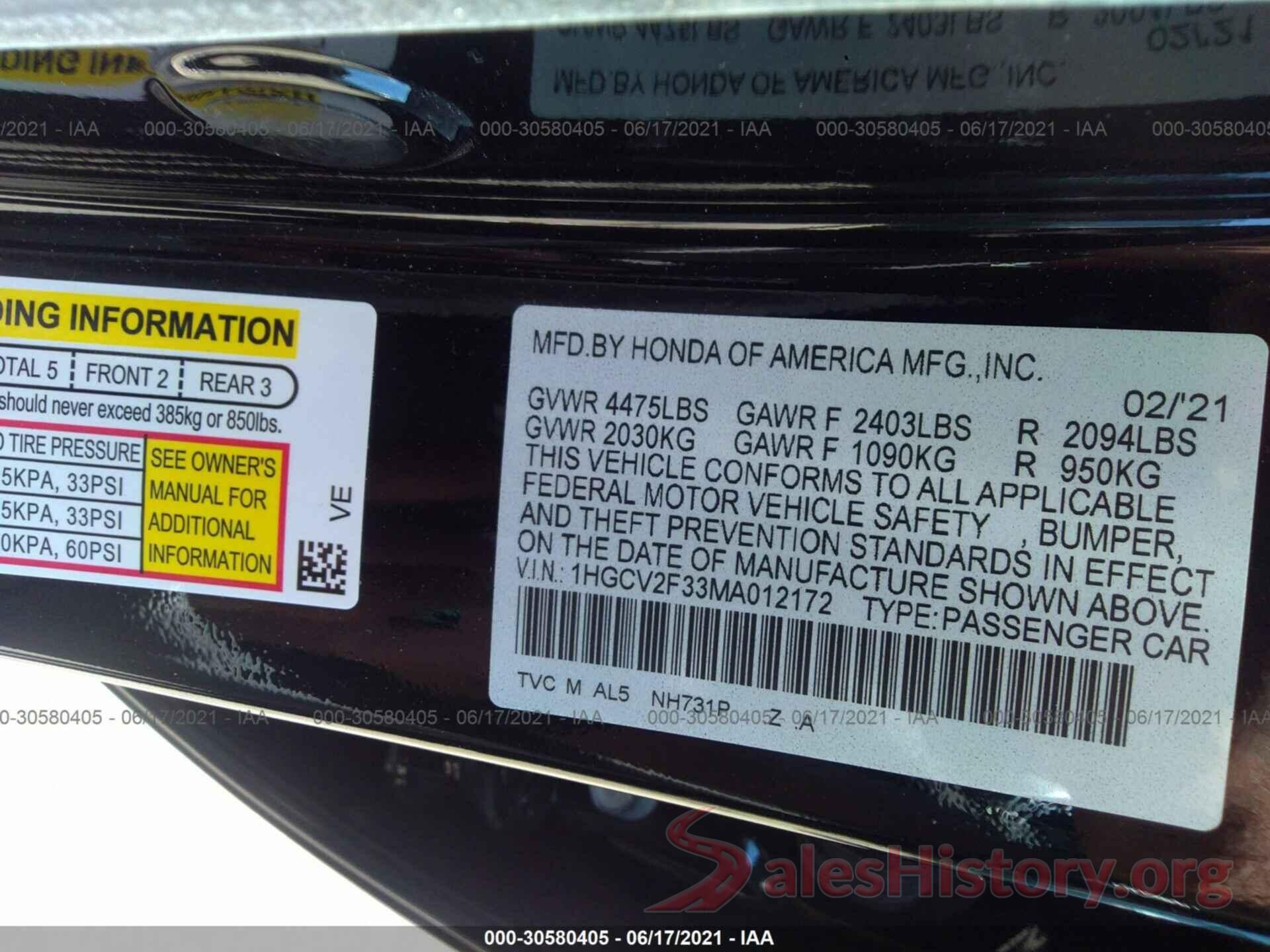 1HGCV2F33MA012172 2021 HONDA ACCORD SEDAN