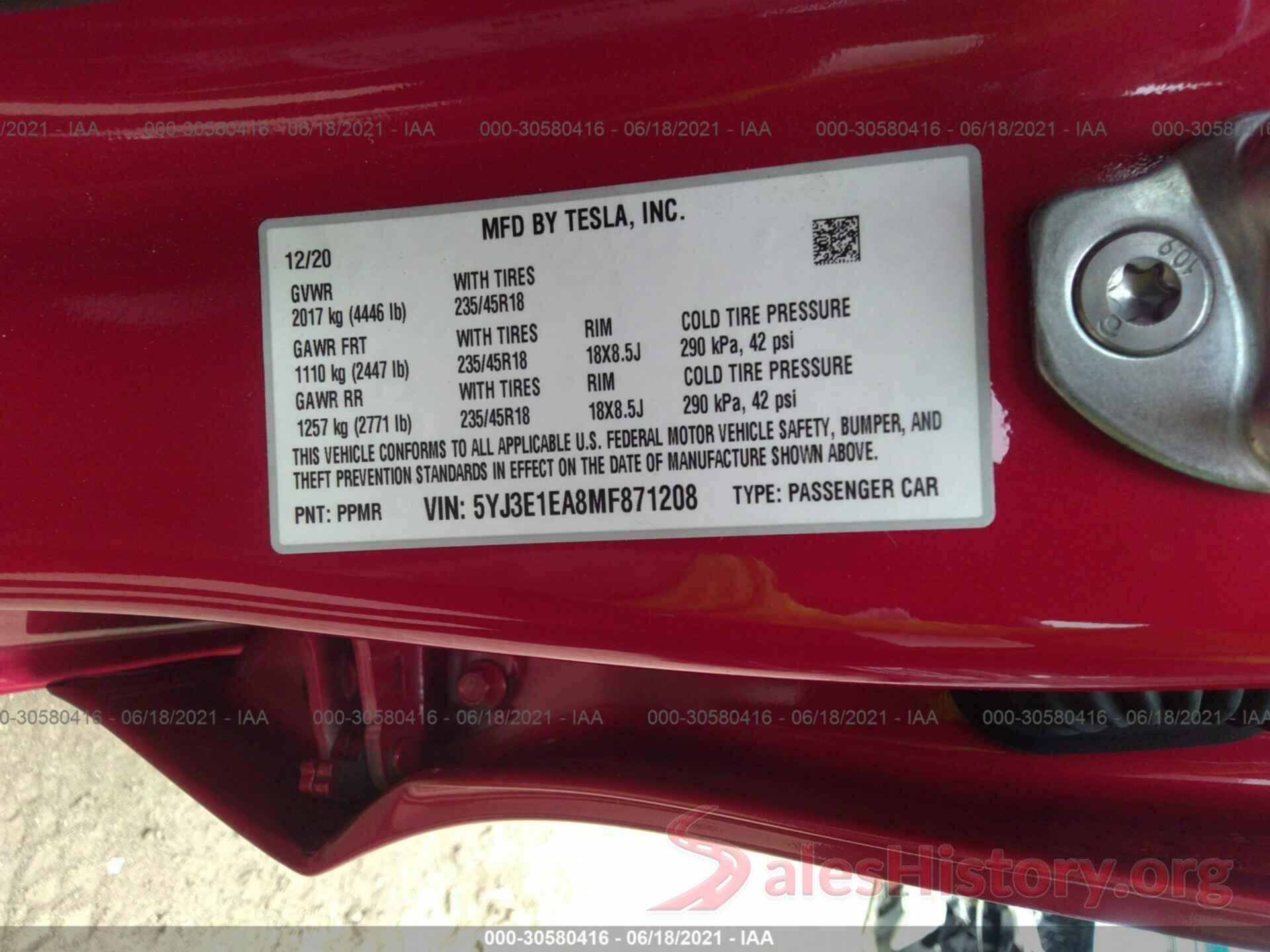 5YJ3E1EA8MF871208 2021 TESLA MODEL 3