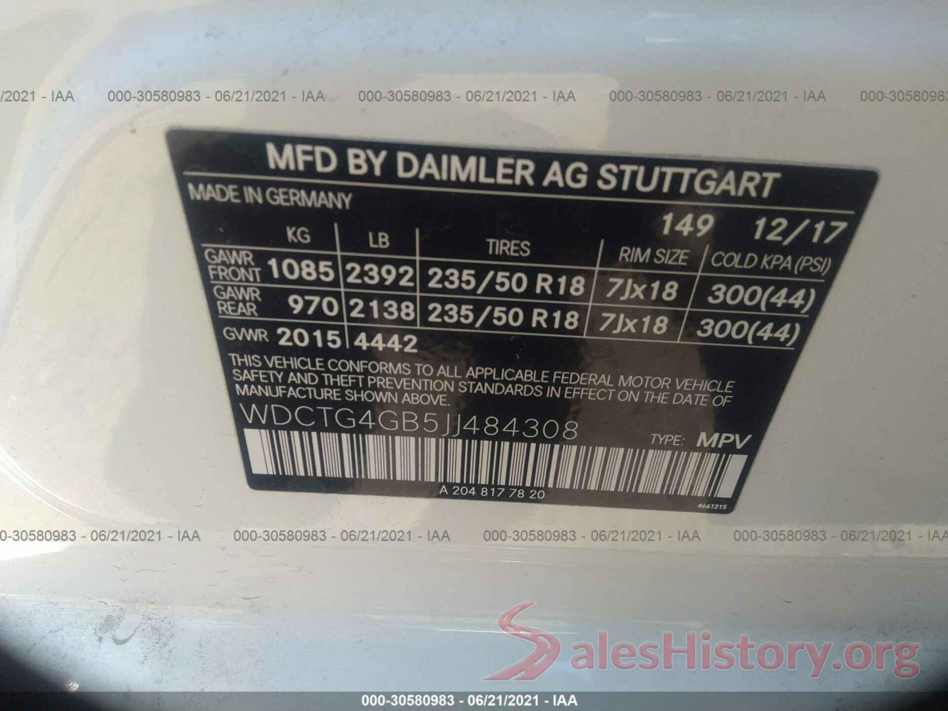 WDCTG4GB5JJ484308 2018 MERCEDES-BENZ GLA