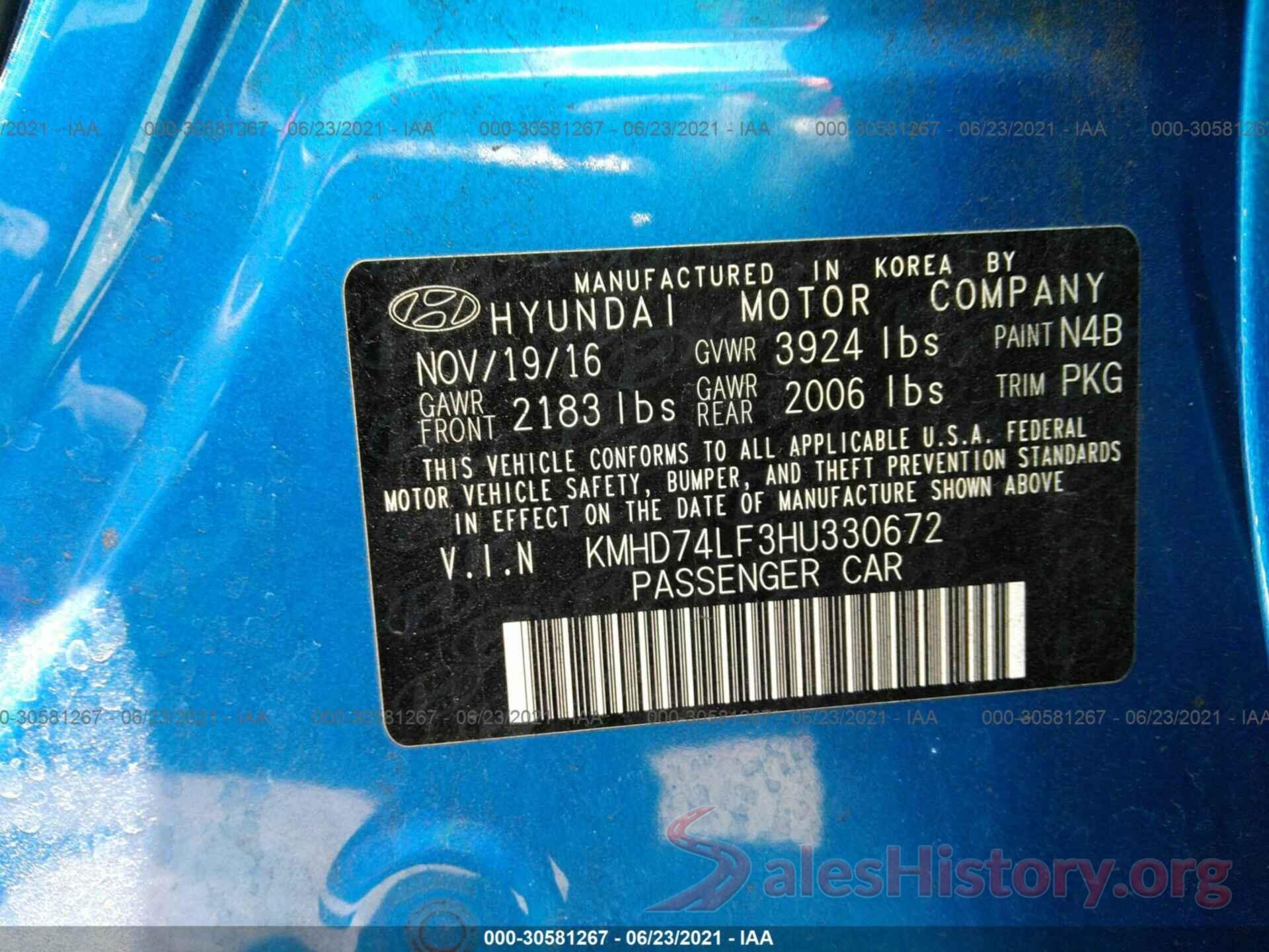 KMHD74LF3HU330672 2017 HYUNDAI ELANTRA