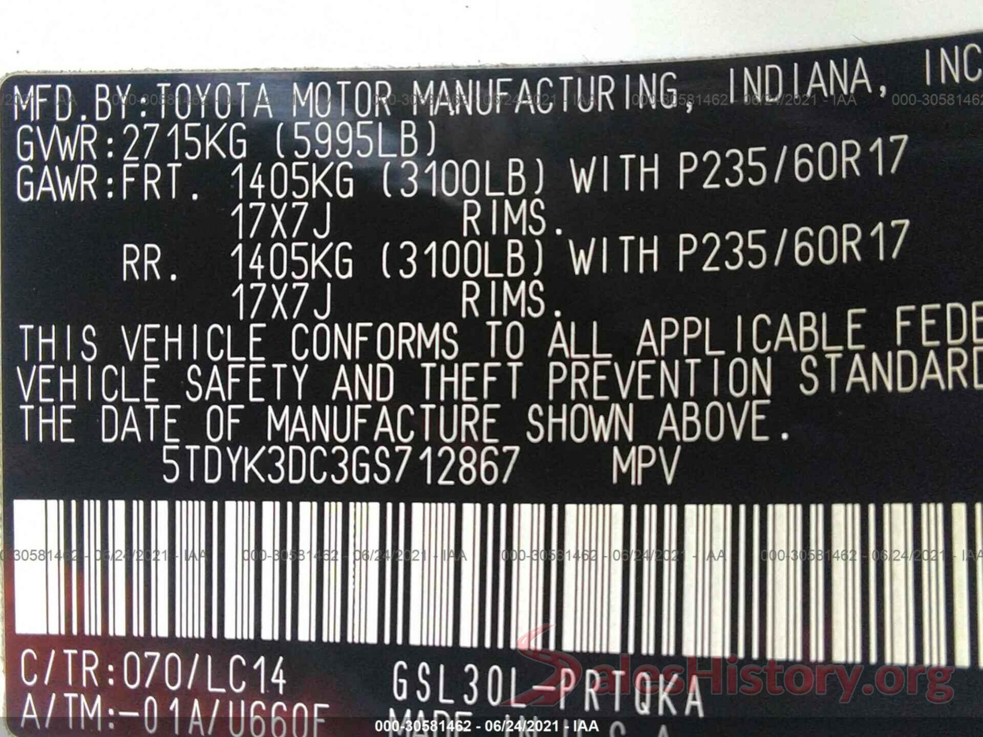 5TDYK3DC3GS712867 2016 TOYOTA SIENNA