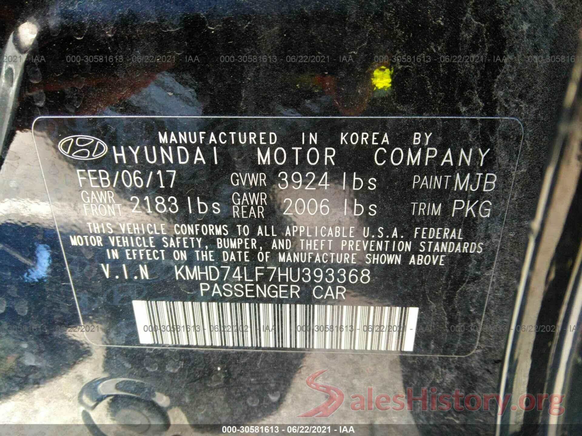 KMHD74LF7HU393368 2017 HYUNDAI ELANTRA