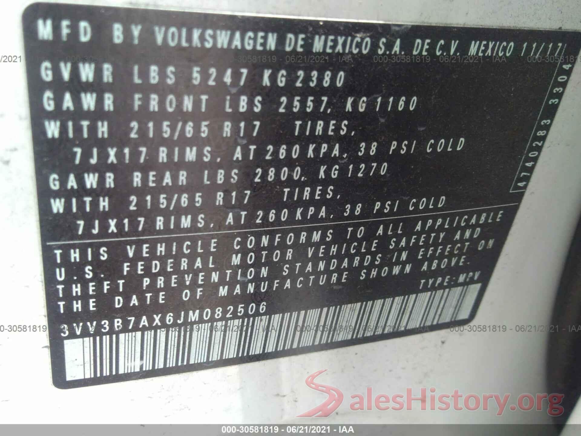 3VV3B7AX6JM082506 2018 VOLKSWAGEN TIGUAN