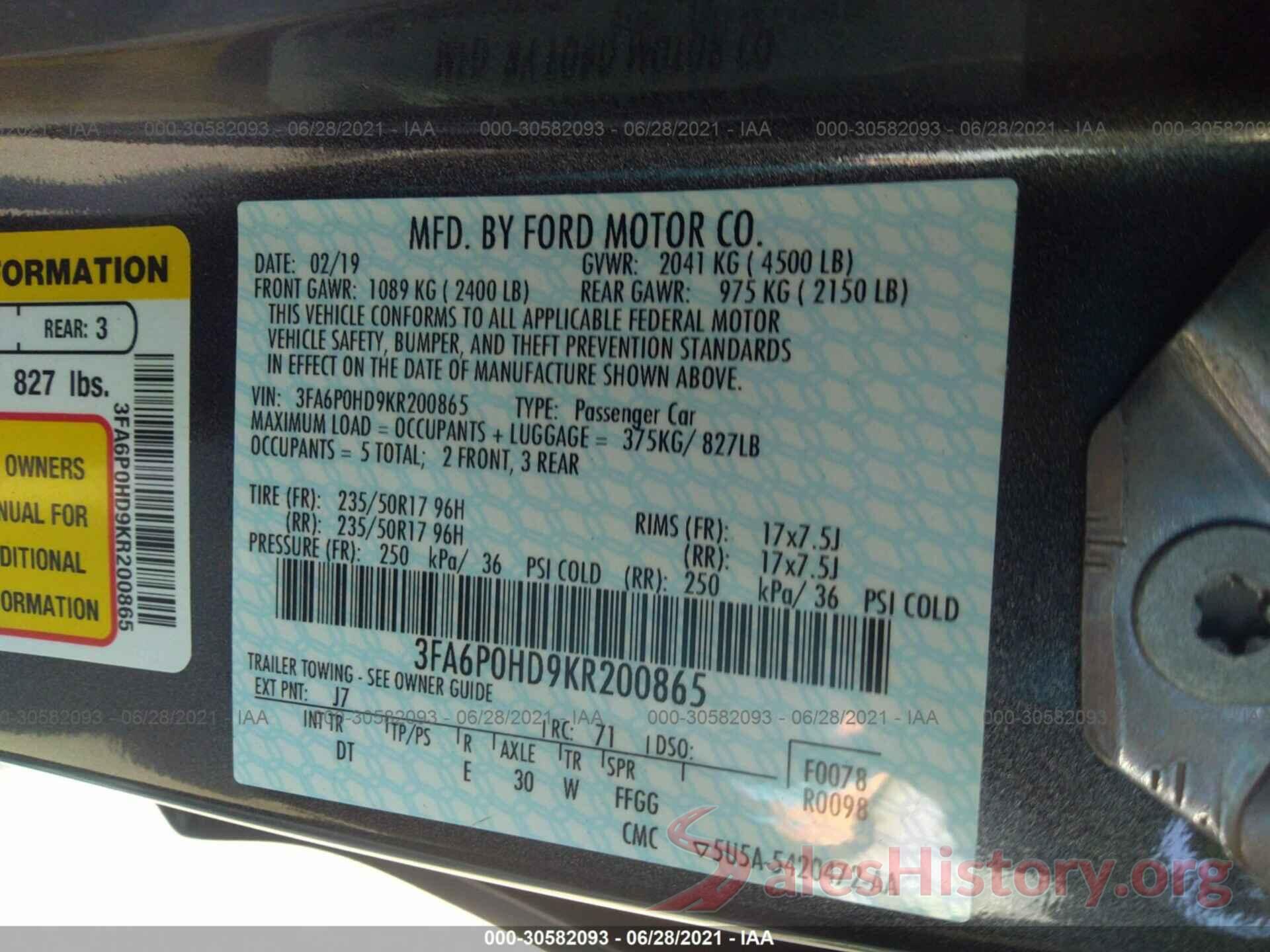 3FA6P0HD9KR200865 2019 FORD FUSION