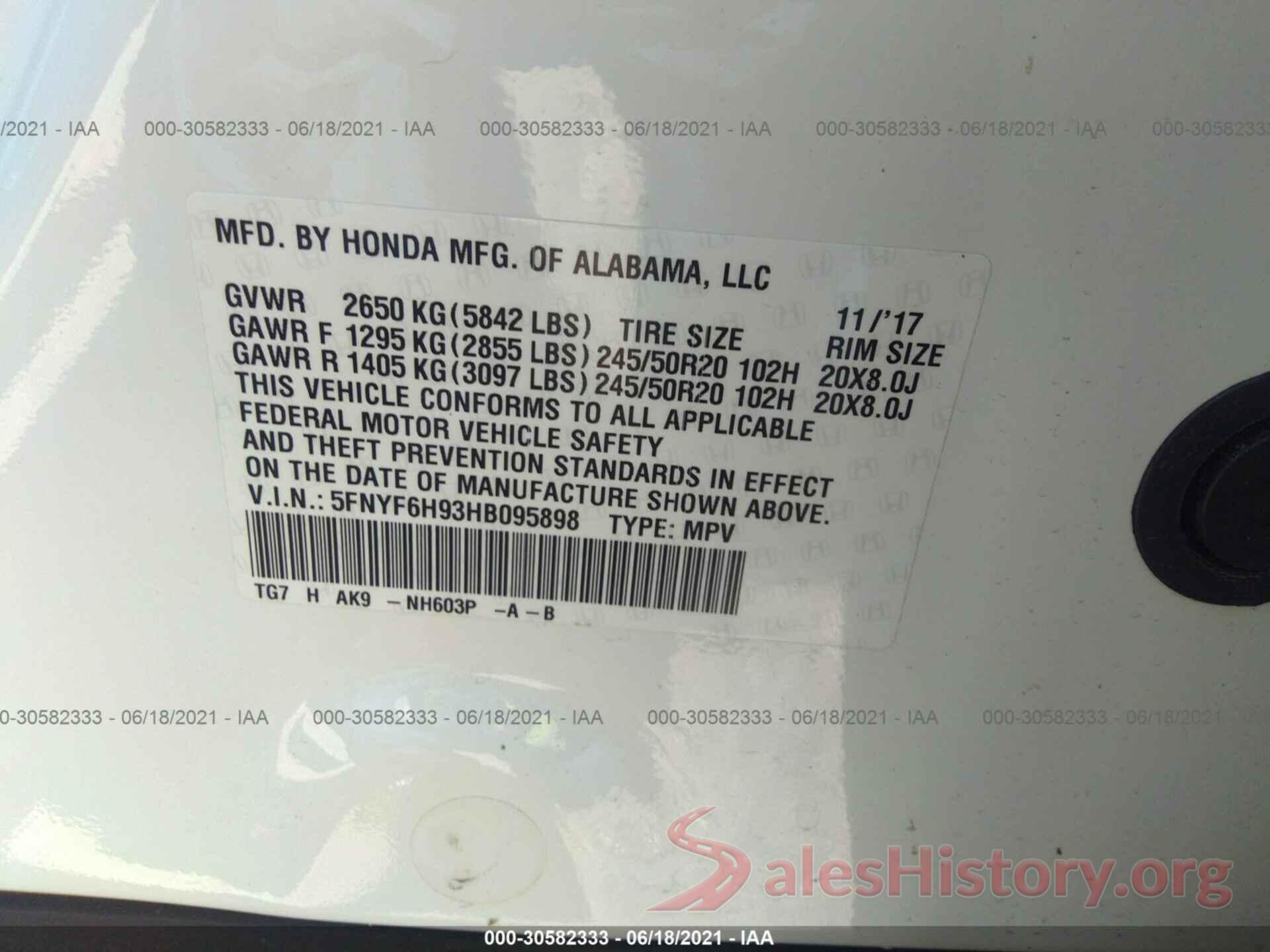 5FNYF6H93HB095898 2017 HONDA PILOT