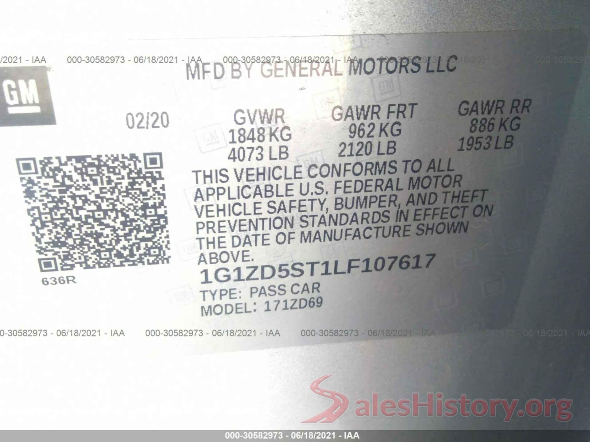 1G1ZD5ST1LF107617 2020 CHEVROLET MALIBU