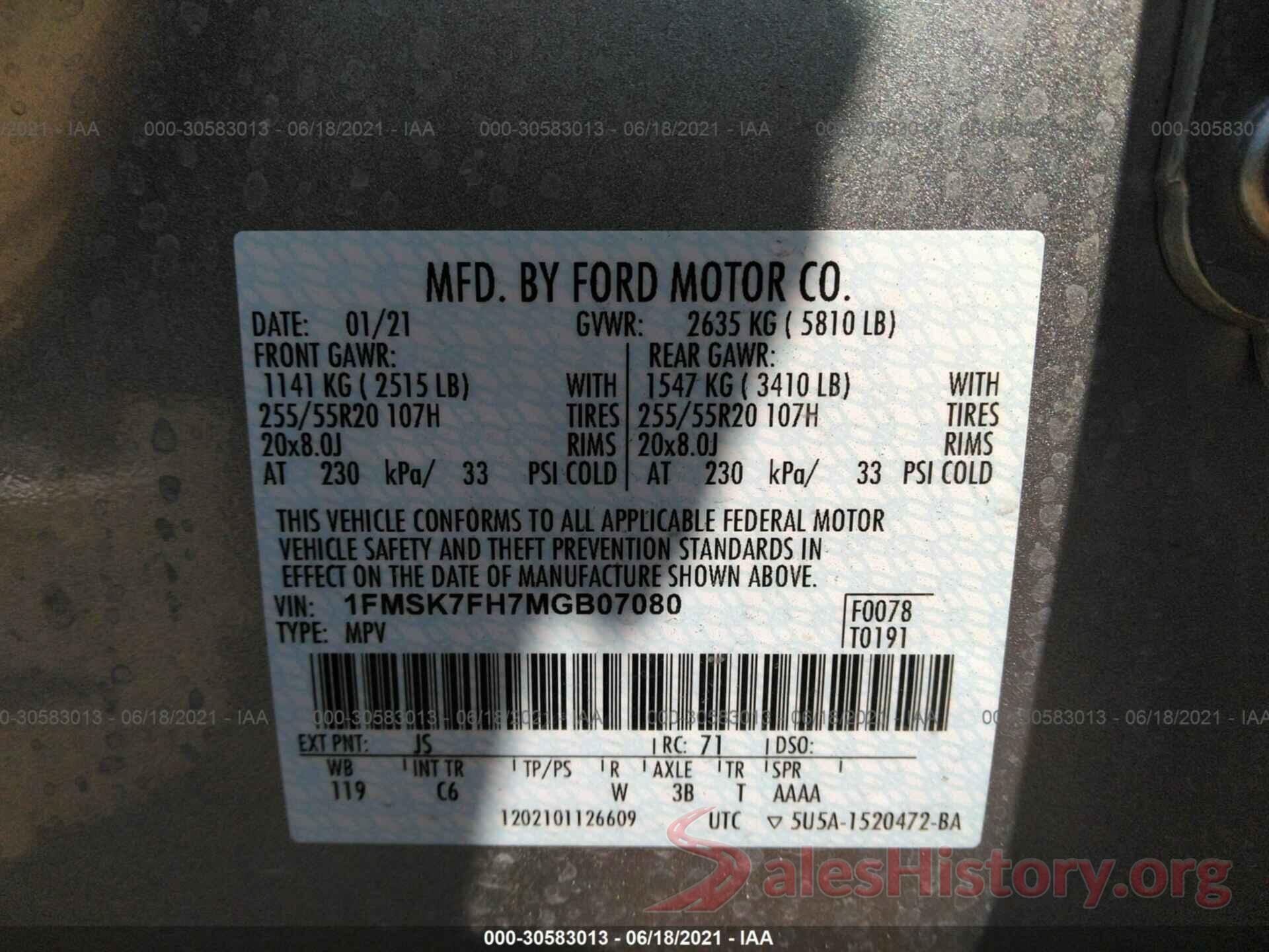 1FMSK7FH7MGB07080 2021 FORD EXPLORER