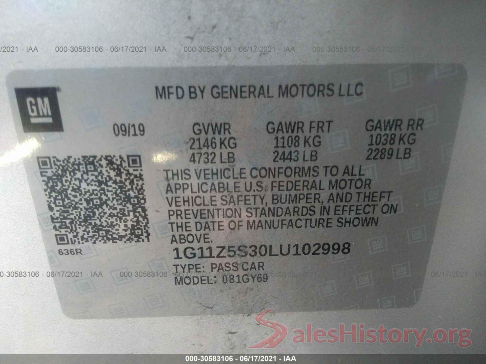 1G11Z5S30LU102998 2020 CHEVROLET IMPALA