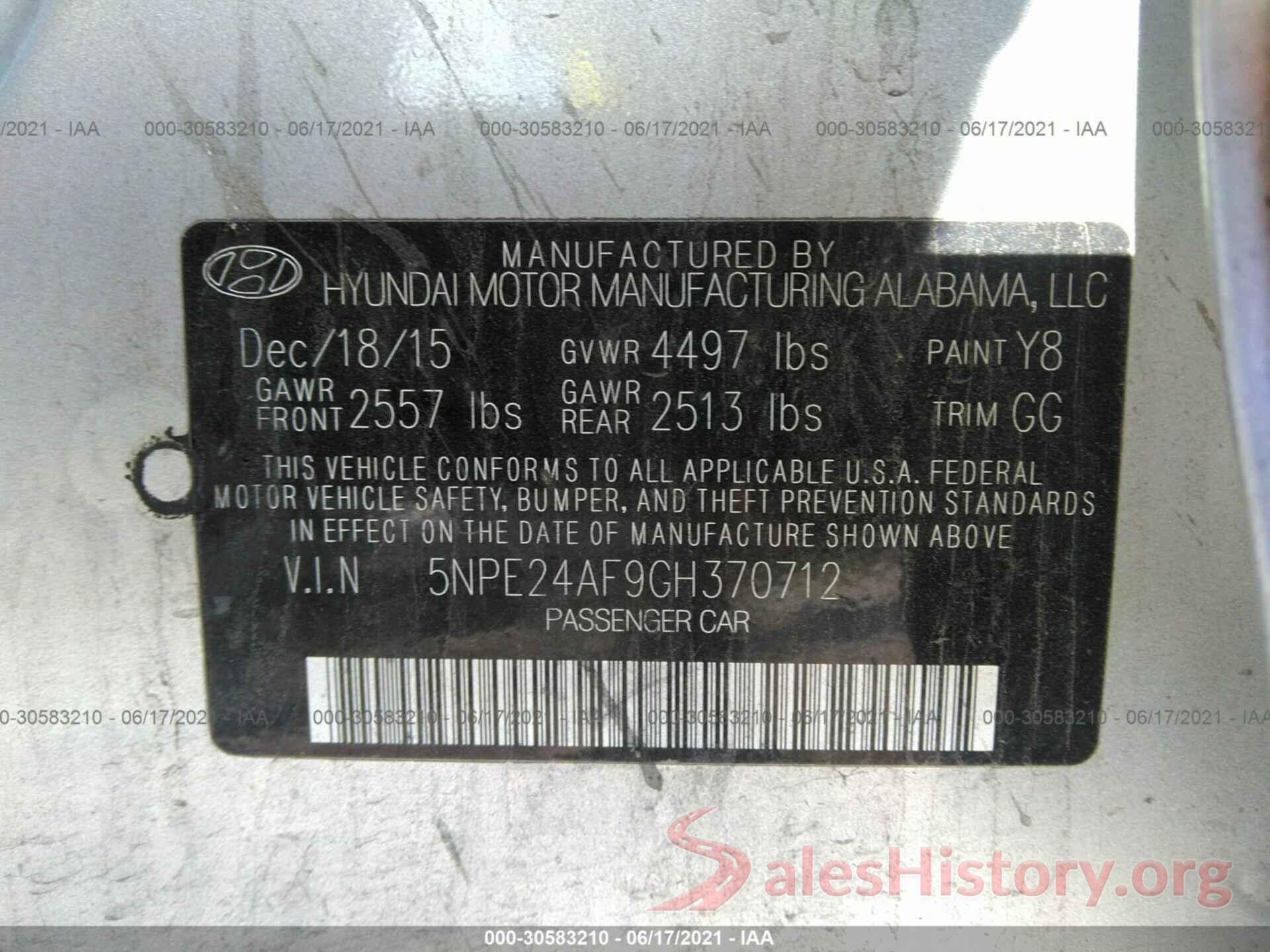 5NPE24AF9GH370712 2016 HYUNDAI SONATA