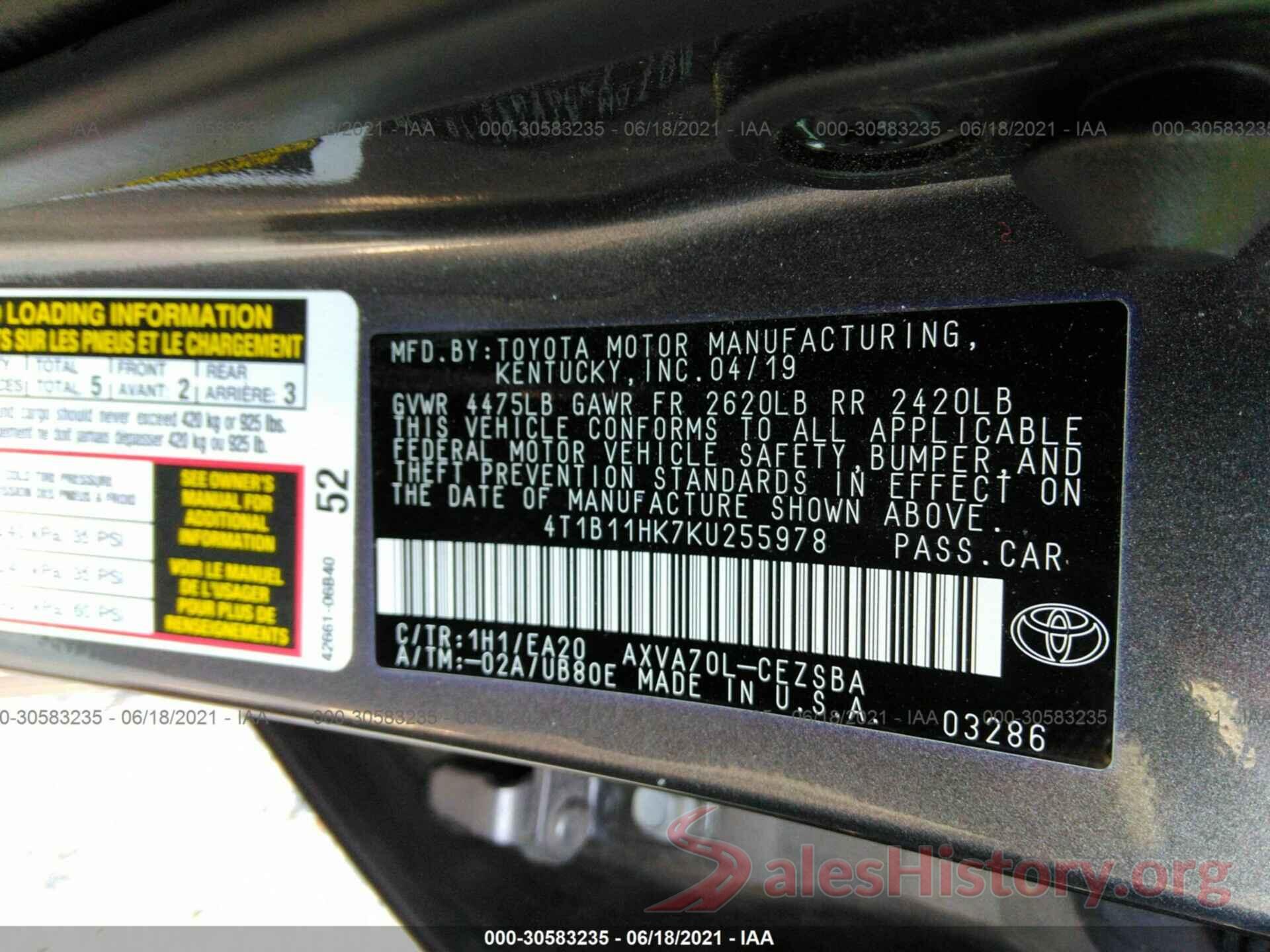 4T1B11HK7KU255978 2019 TOYOTA CAMRY