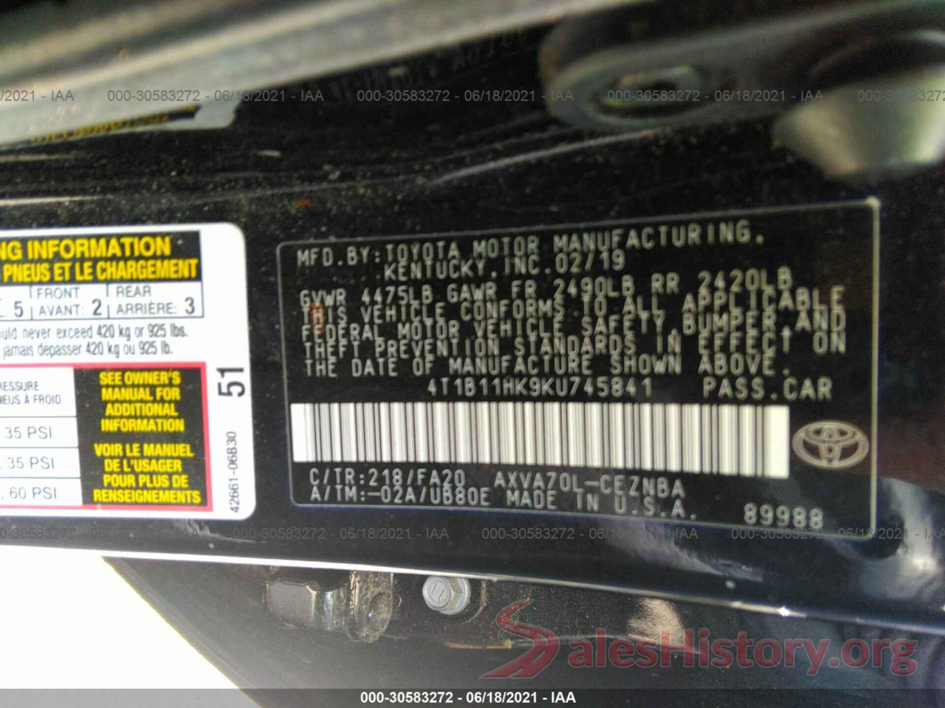 4T1B11HK9KU745841 2019 TOYOTA CAMRY