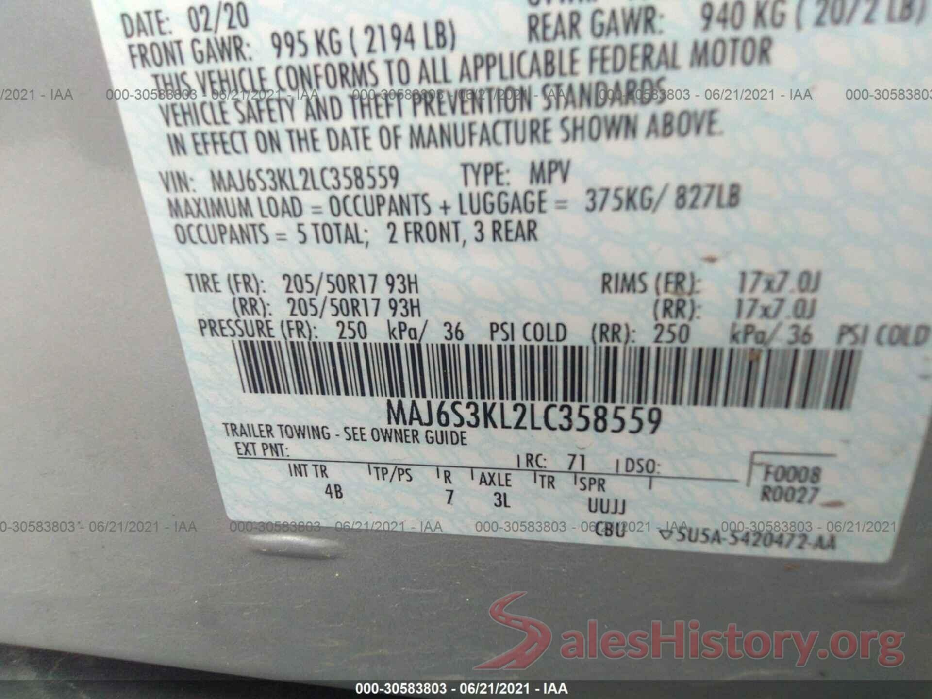 MAJ6S3KL2LC358559 2020 FORD ECOSPORT