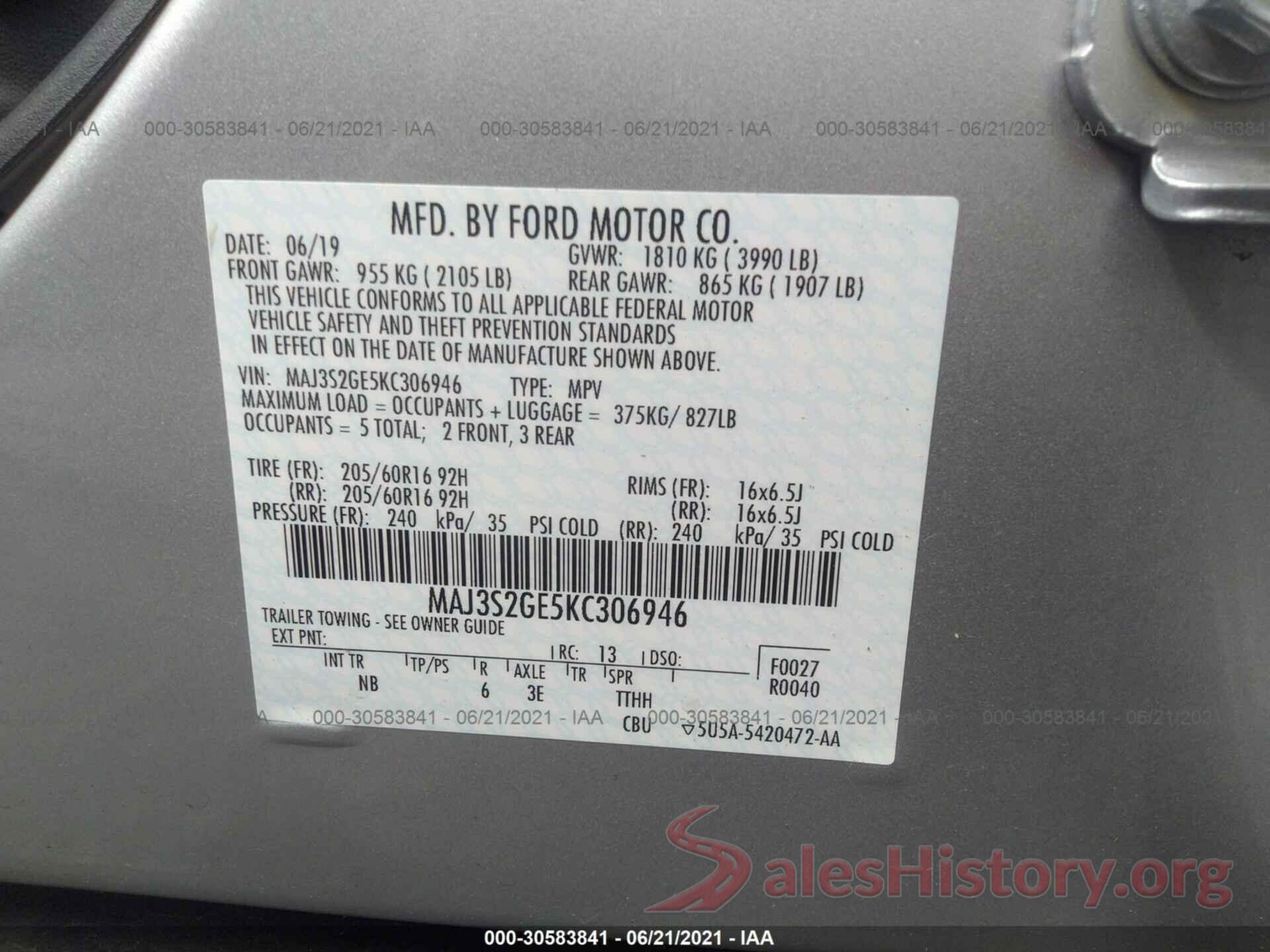 MAJ3S2GE5KC306946 2019 FORD ECOSPORT