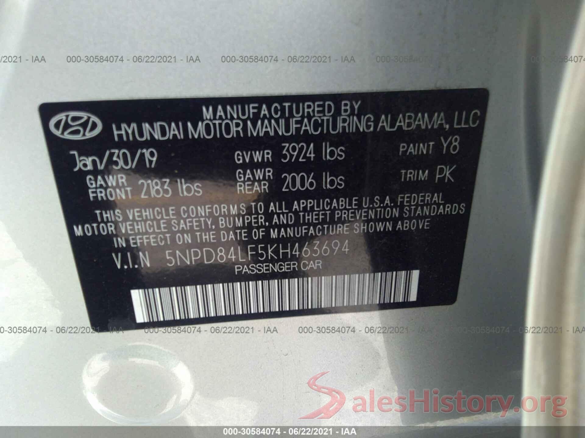 5NPD84LF5KH463694 2019 HYUNDAI ELANTRA