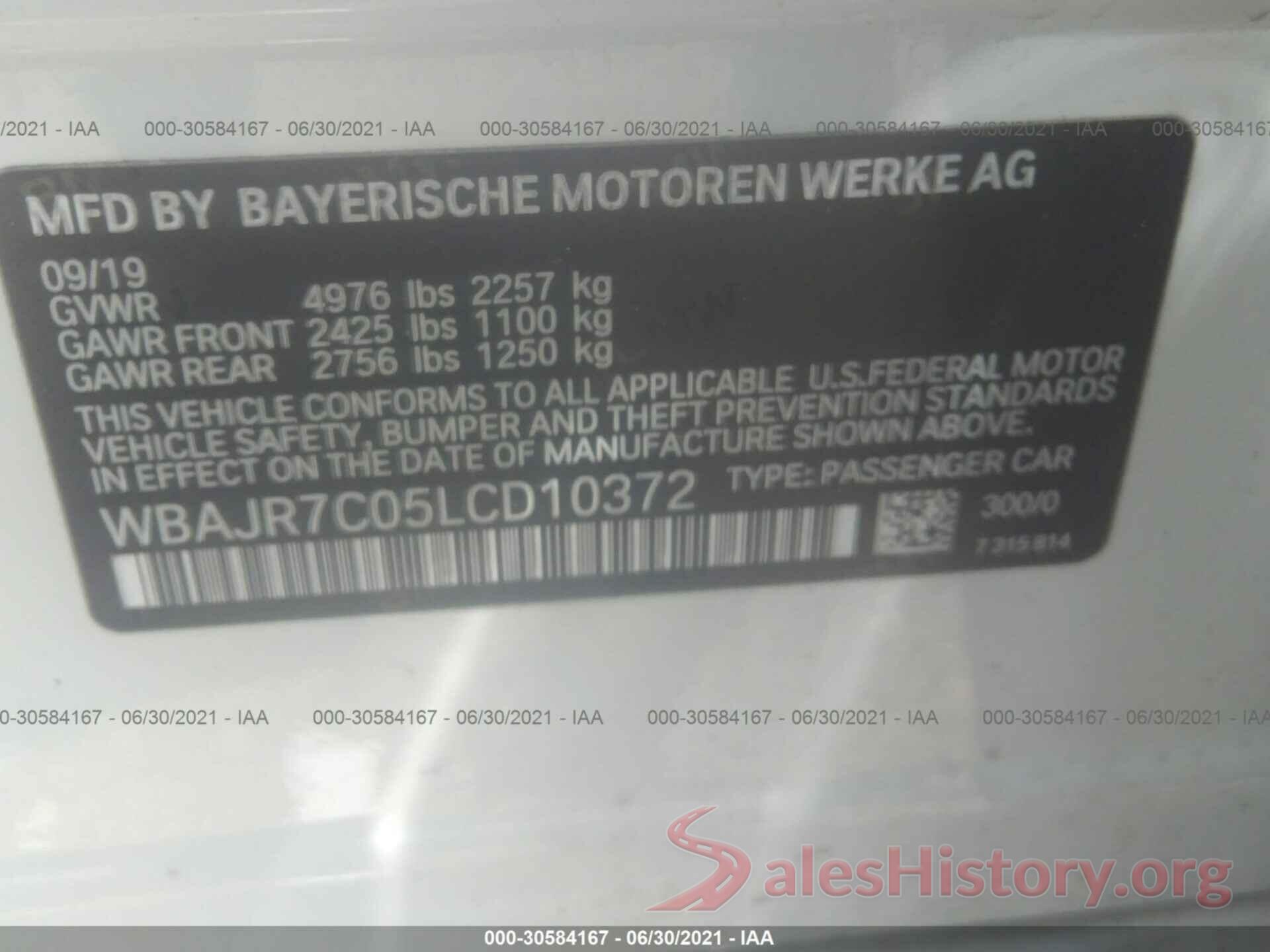 WBAJR7C05LCD10372 2020 BMW 5 SERIES