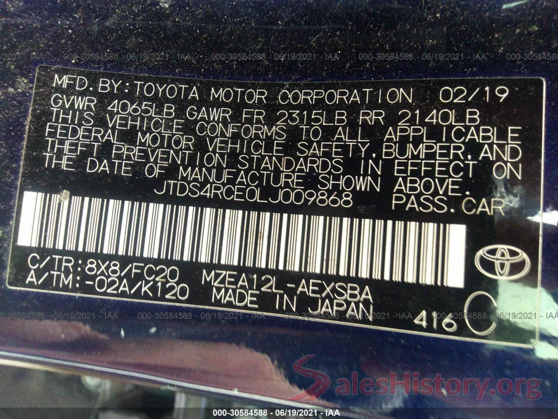 JTDS4RCE0LJ009868 2020 TOYOTA COROLLA