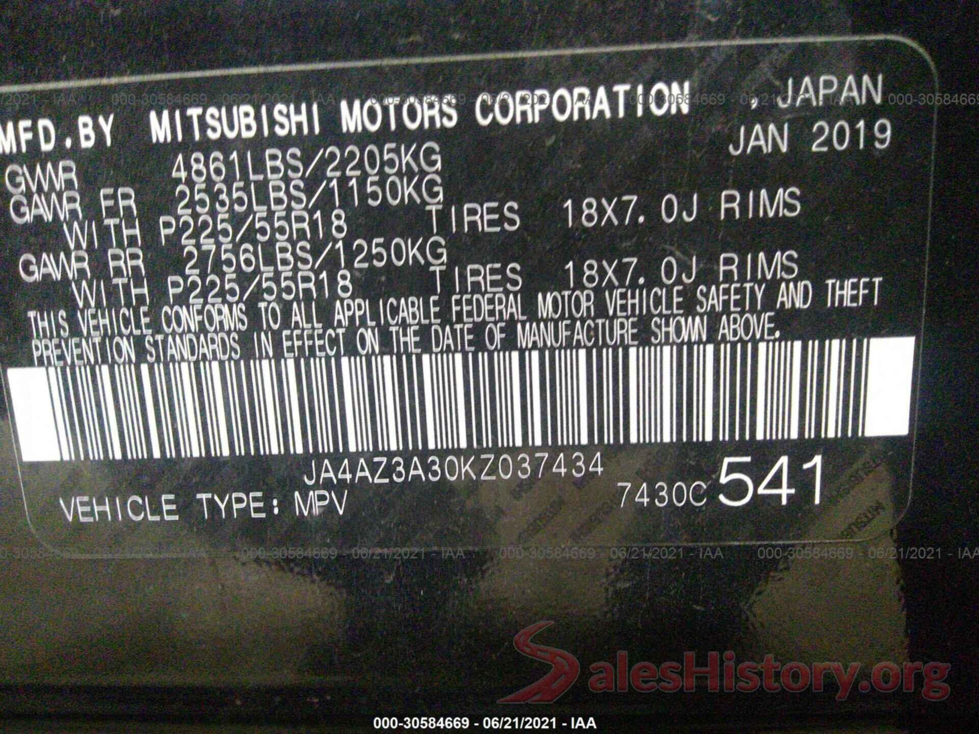 JA4AZ3A30KZ037434 2019 MITSUBISHI OUTLANDER