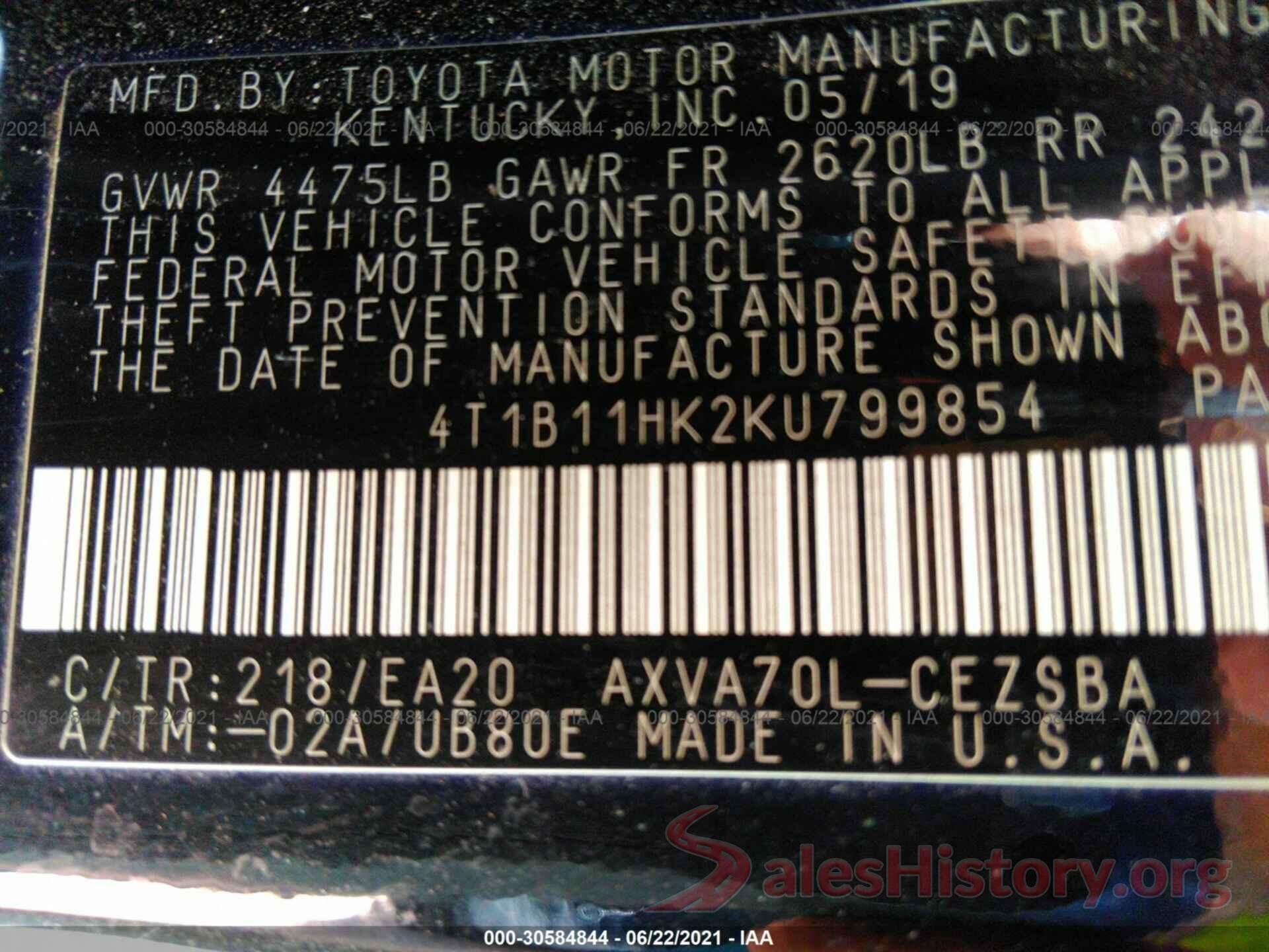 4T1B11HK2KU799854 2019 TOYOTA CAMRY