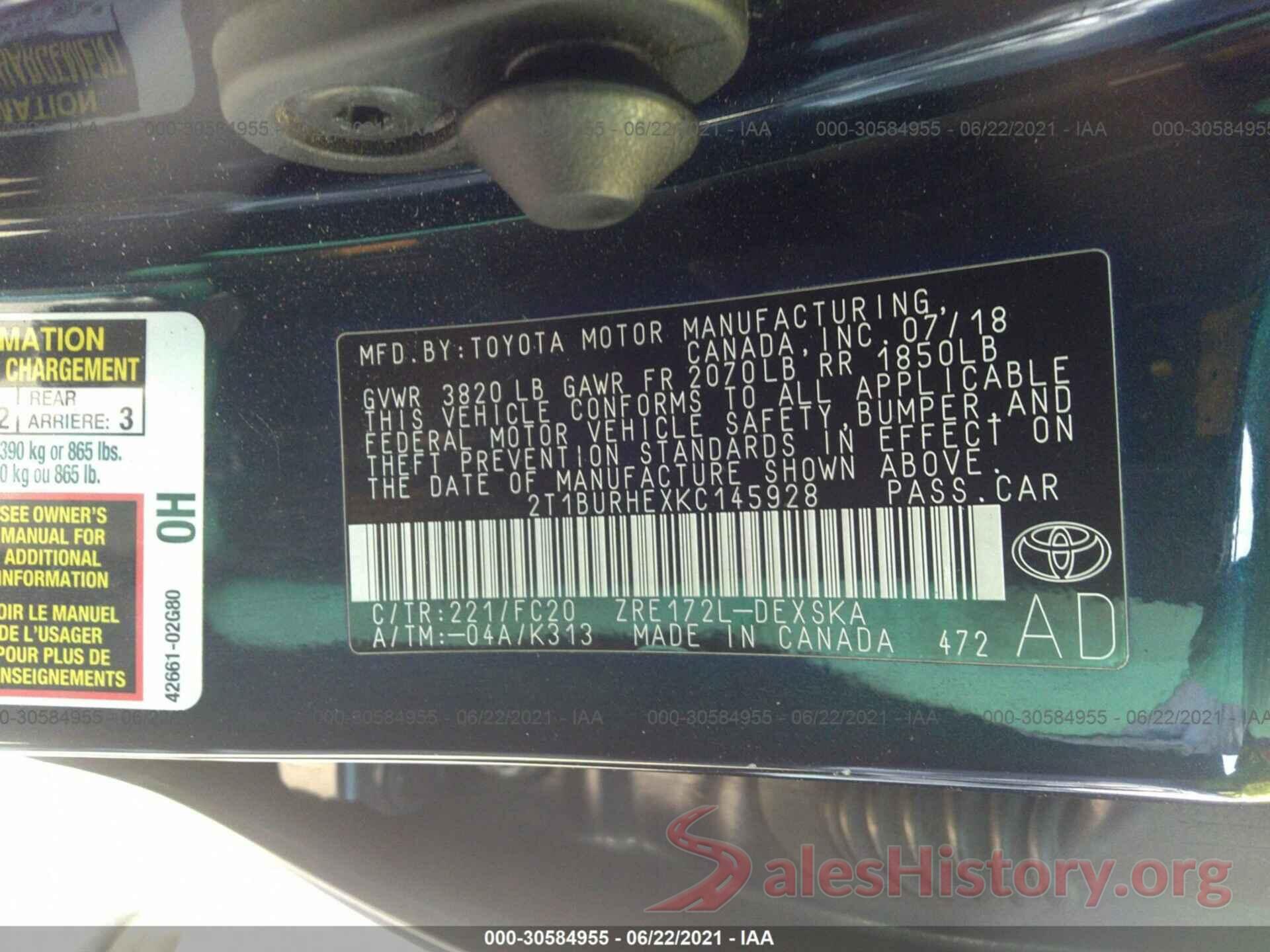 2T1BURHEXKC145928 2019 TOYOTA COROLLA