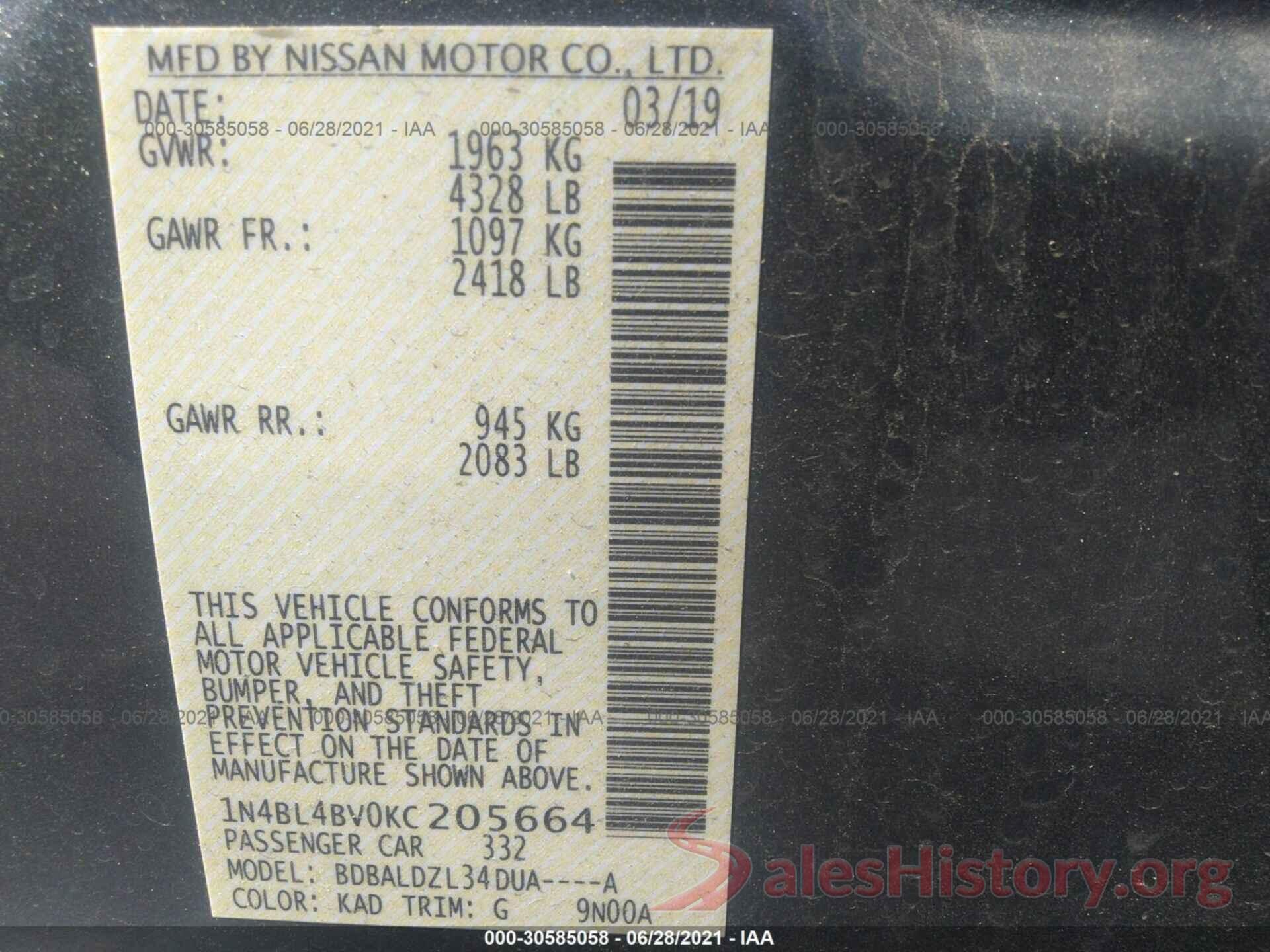 1N4BL4BV0KC205664 2019 NISSAN ALTIMA