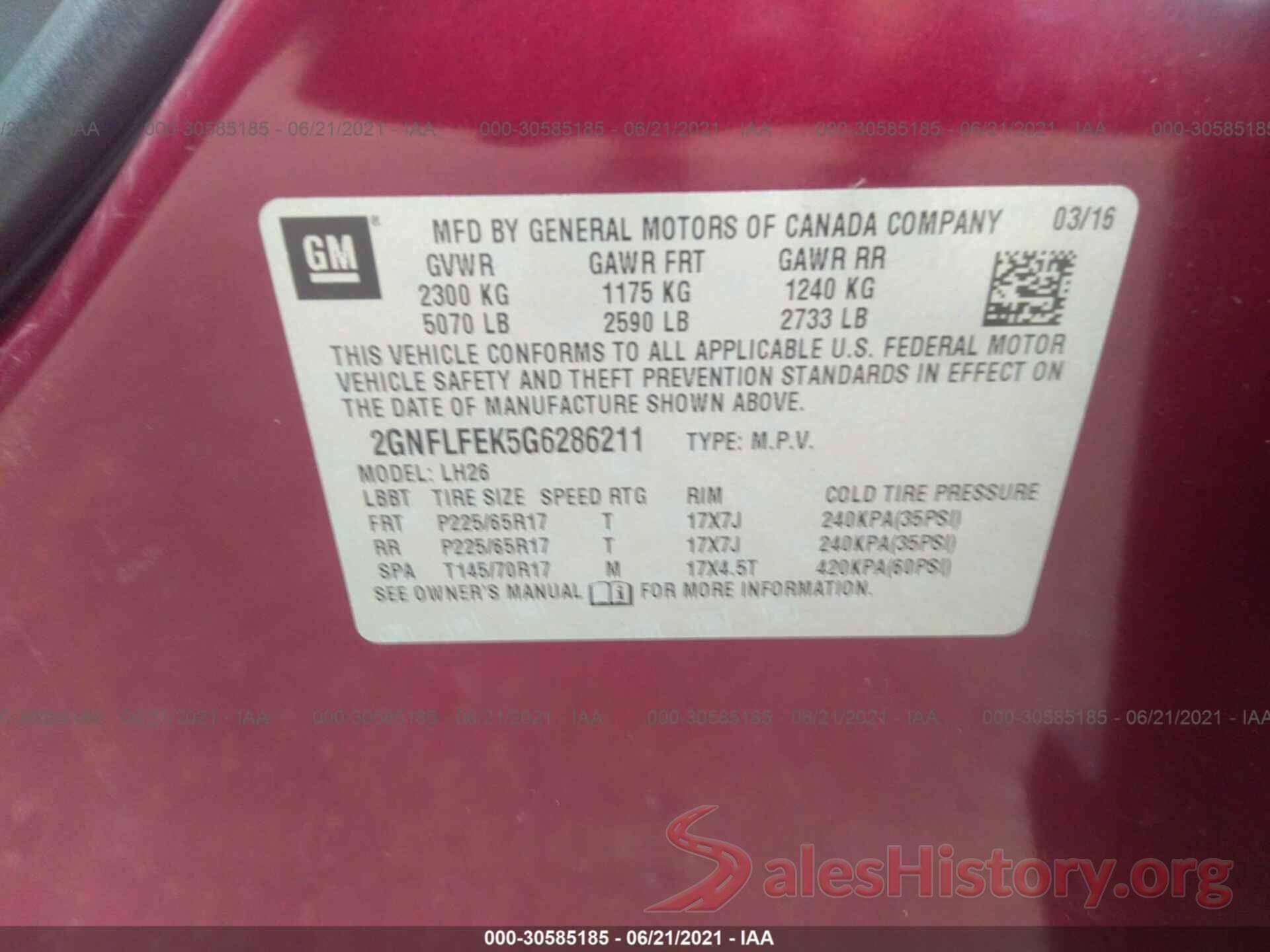 2GNFLFEK5G6286211 2016 CHEVROLET EQUINOX