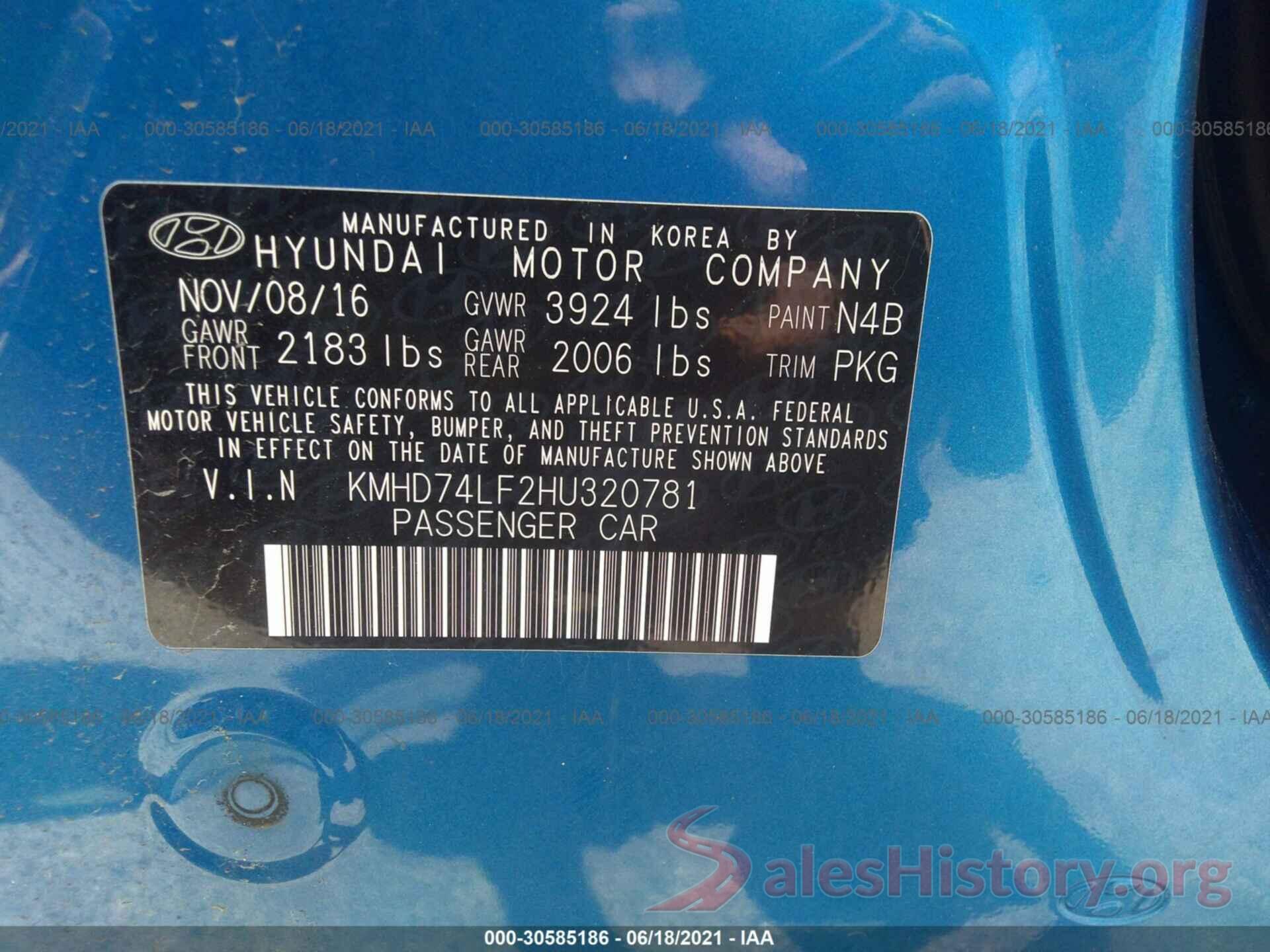 KMHD74LF2HU320781 2017 HYUNDAI ELANTRA