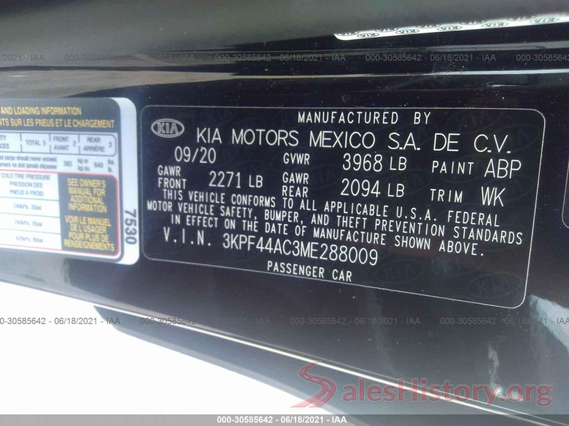 3KPF44AC3ME288009 2021 KIA FORTE