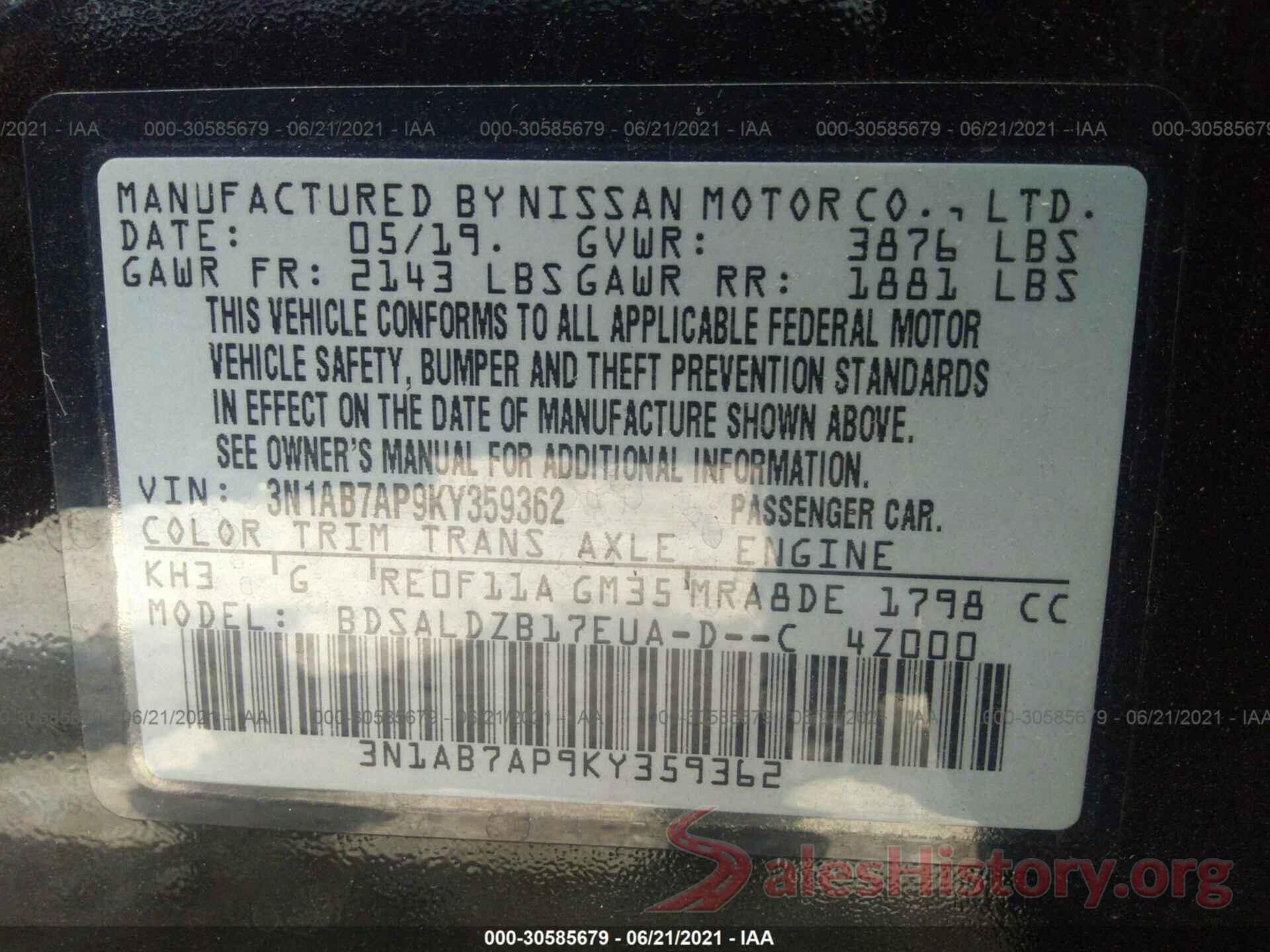 3N1AB7AP9KY359362 2019 NISSAN SENTRA