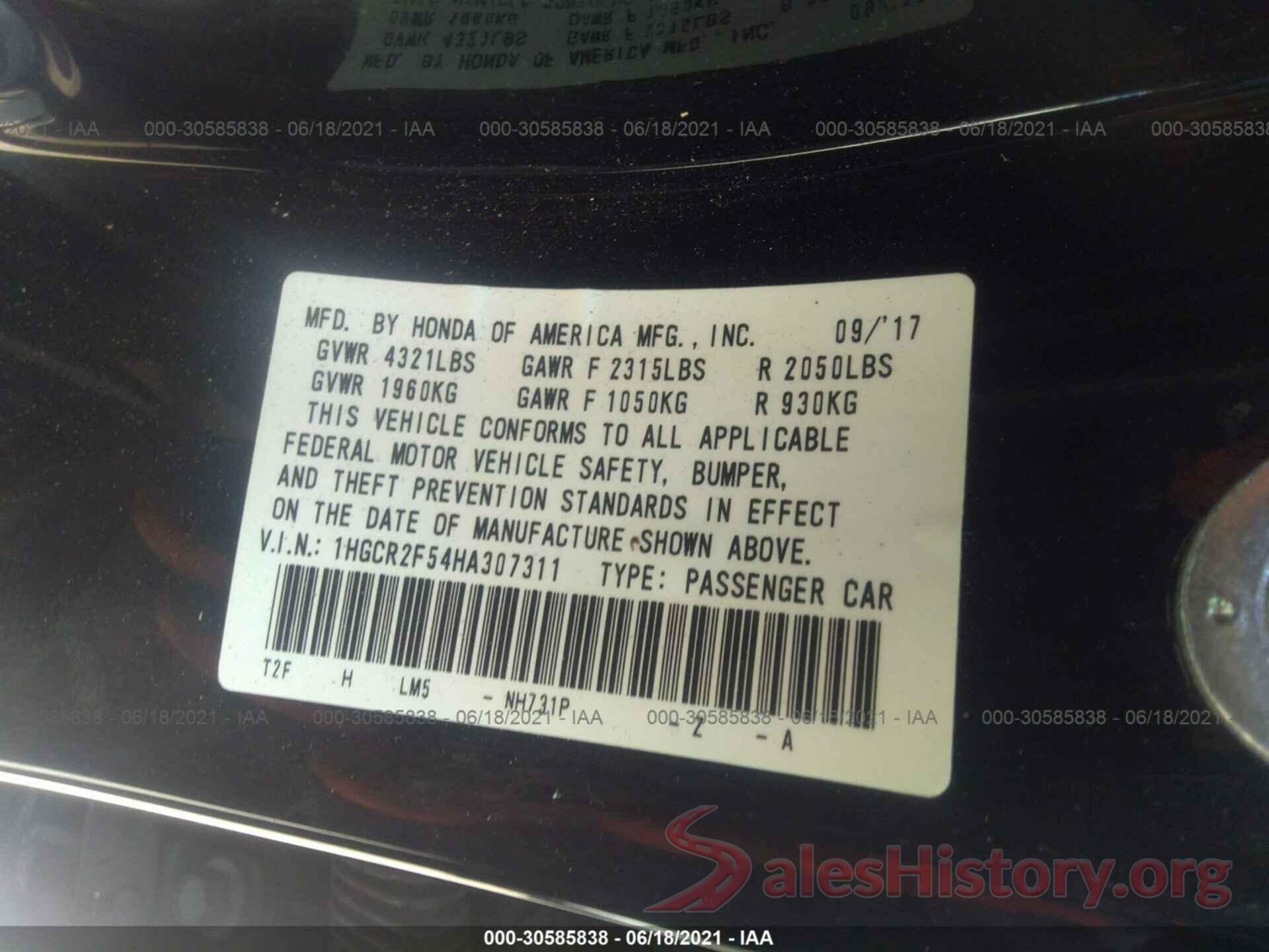 1HGCR2F54HA307311 2017 HONDA ACCORD SEDAN