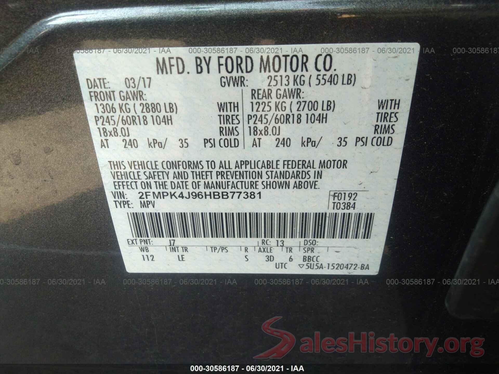 2FMPK4J96HBB77381 2017 FORD EDGE