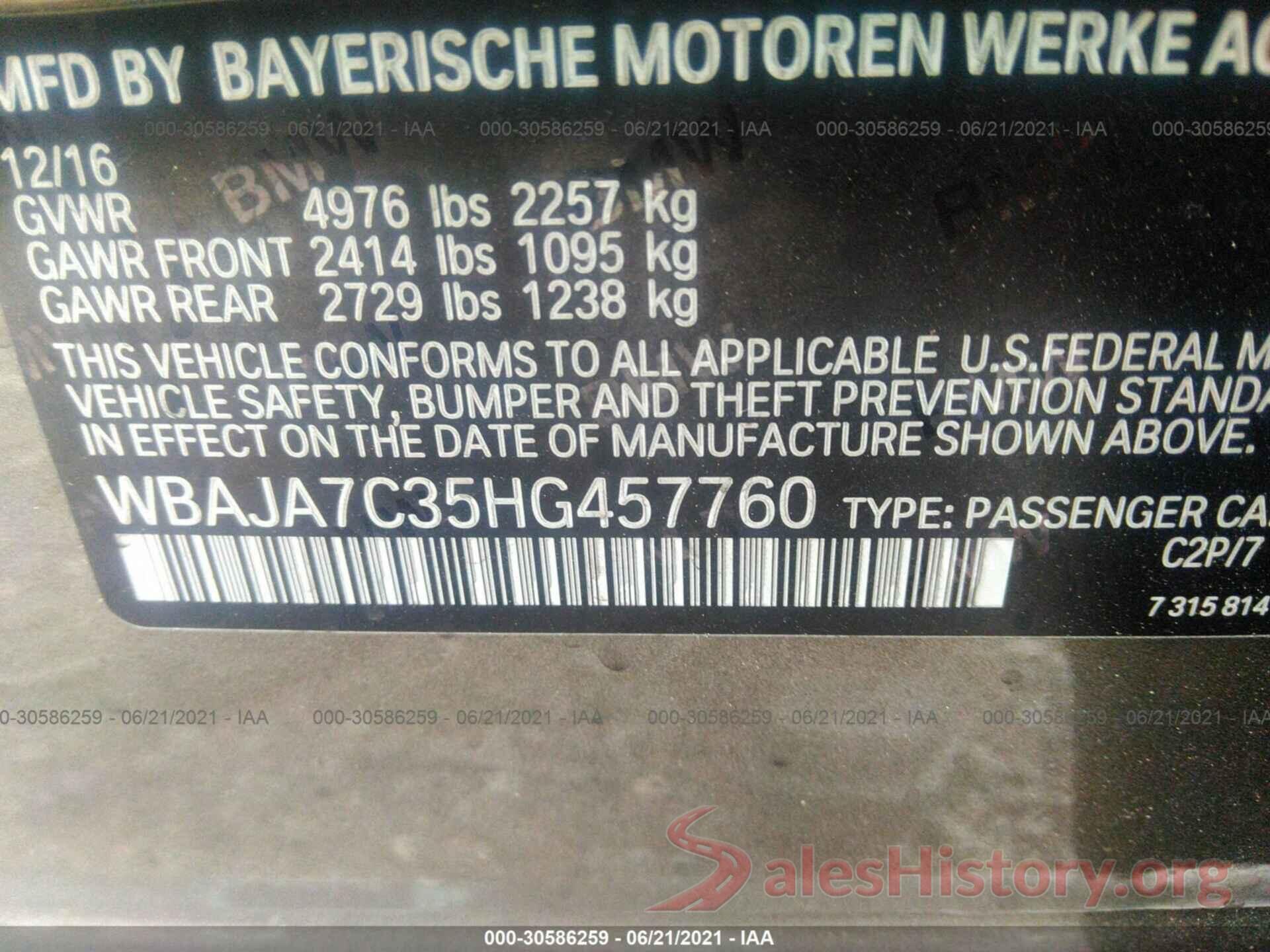 WBAJA7C35HG457760 2017 BMW 5 SERIES