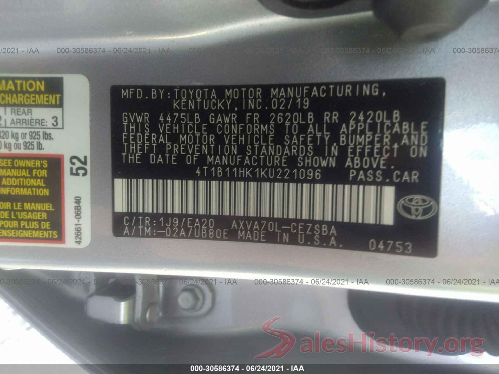 4T1B11HK1KU221096 2019 TOYOTA CAMRY