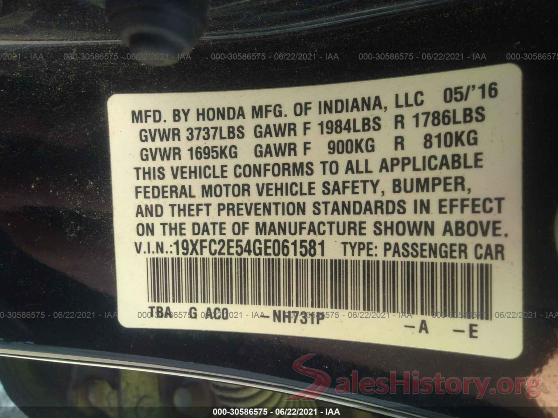 19XFC2E54GE061581 2016 HONDA CIVIC SEDAN