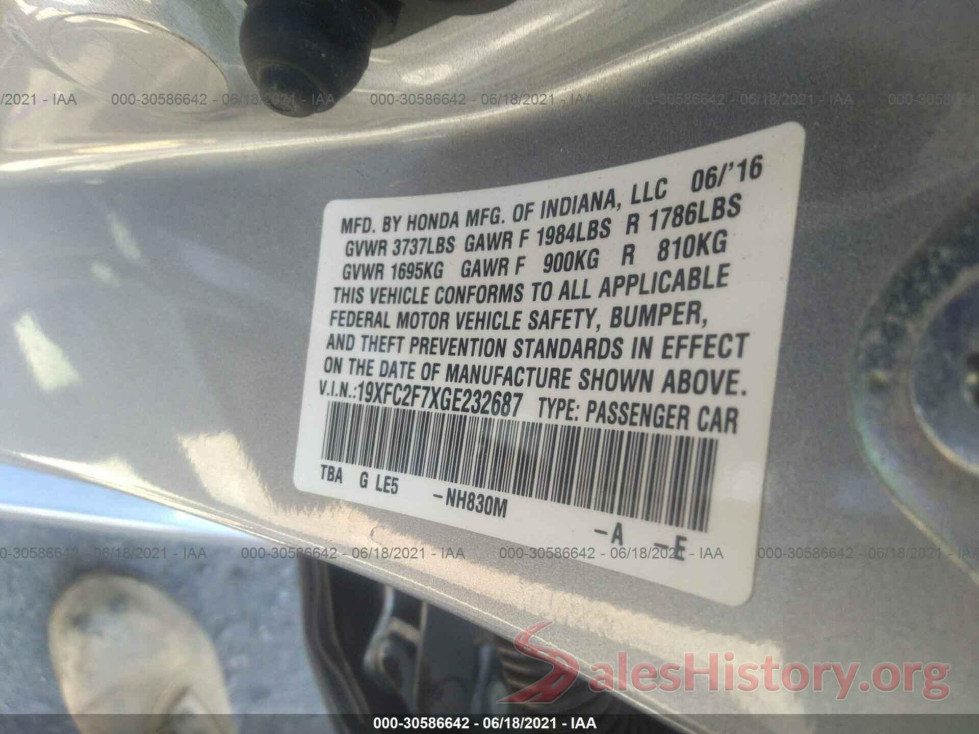 19XFC2F7XGE232687 2016 HONDA CIVIC SEDAN