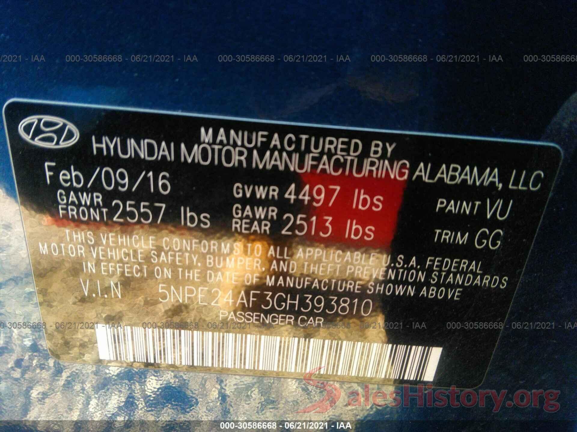 5NPE24AF3GH393810 2016 HYUNDAI SONATA